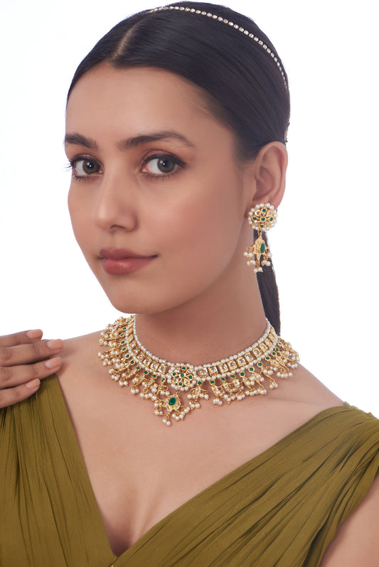 Gold Finish Kundan Polki & Green Stone Choker Necklace Set