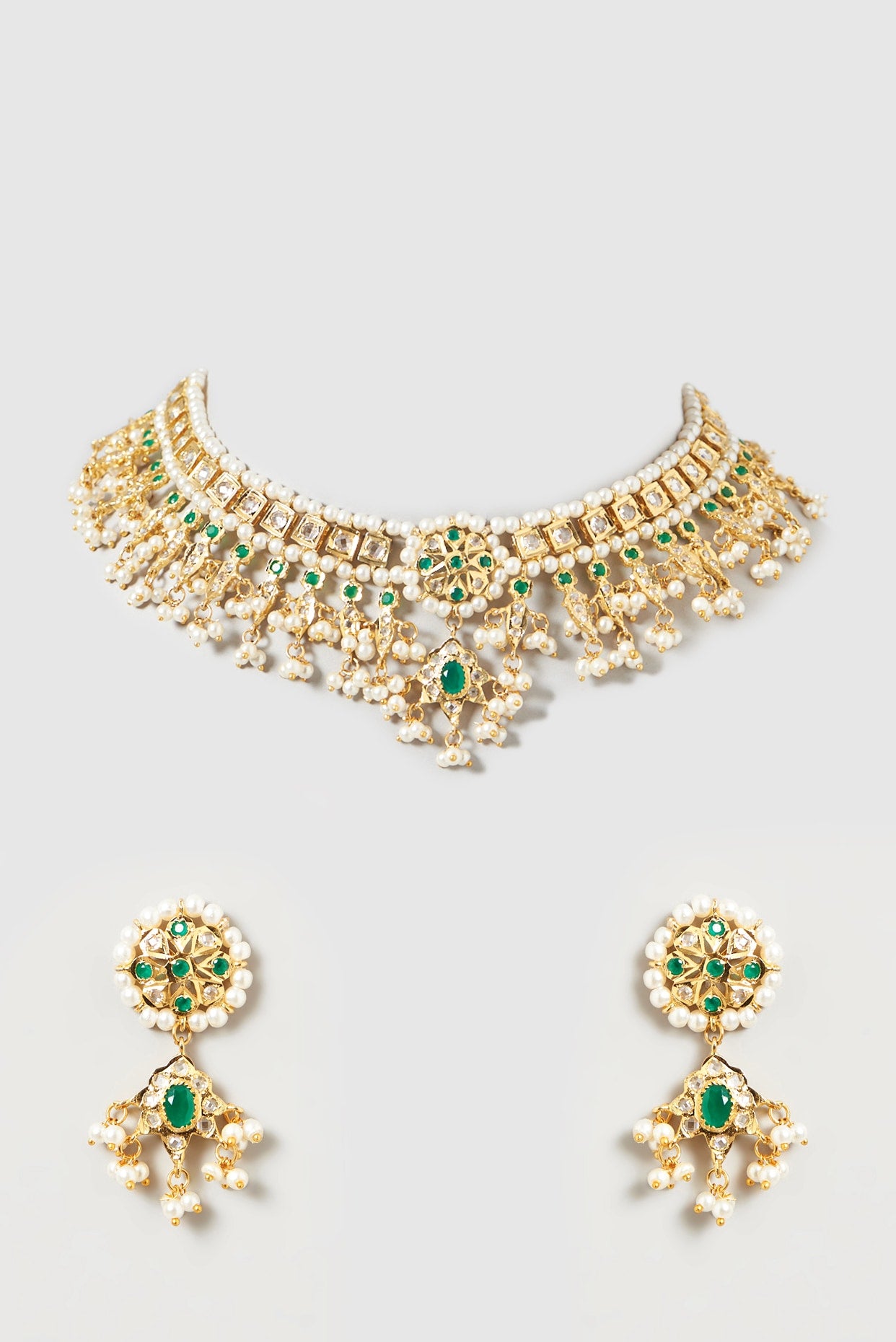 Gold Finish Kundan Polki & Green Stone Choker Necklace Set