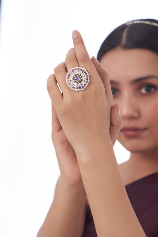 White Finish Kundan Polki & Purple Stone Ring