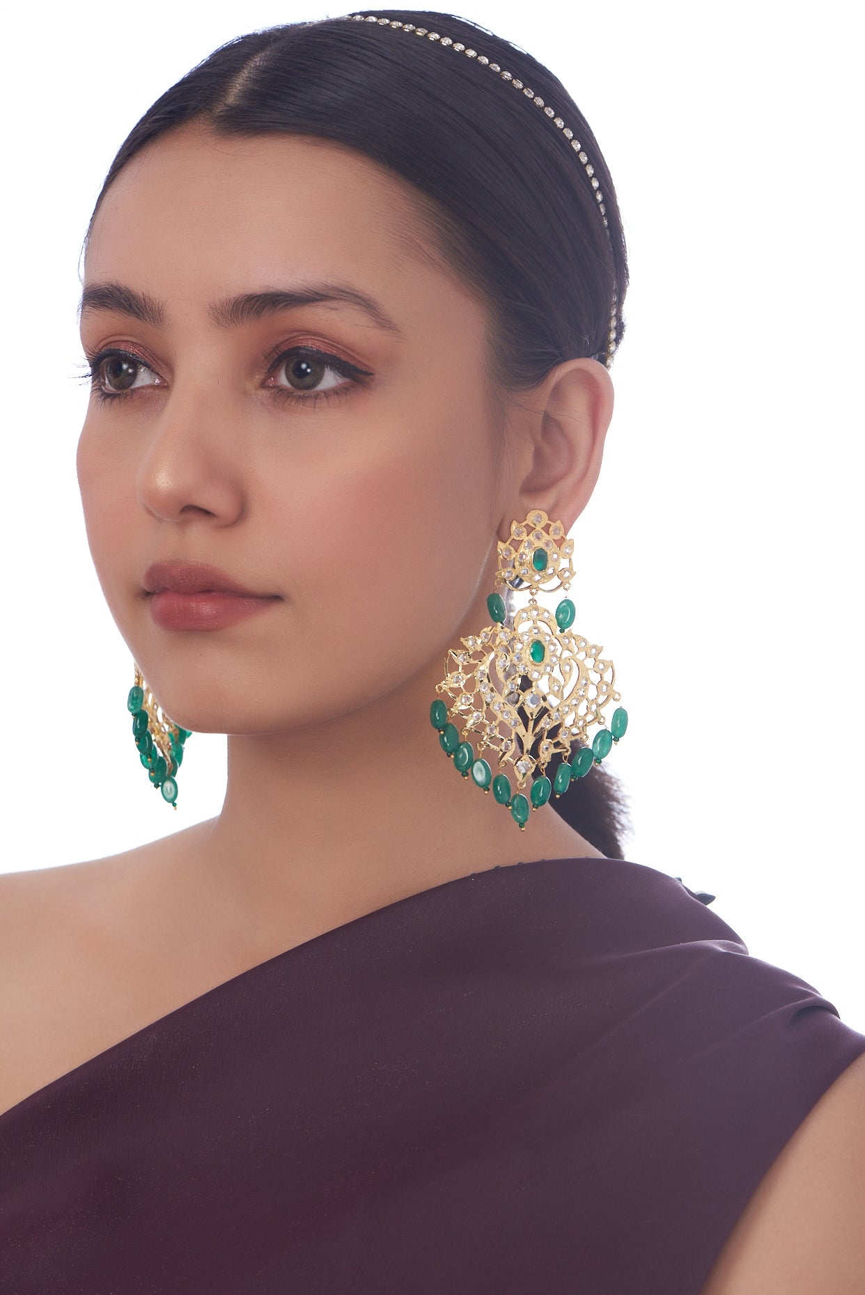 Gold Finish Kundan Polki & Green Synthetic Stone Dangler Earrings