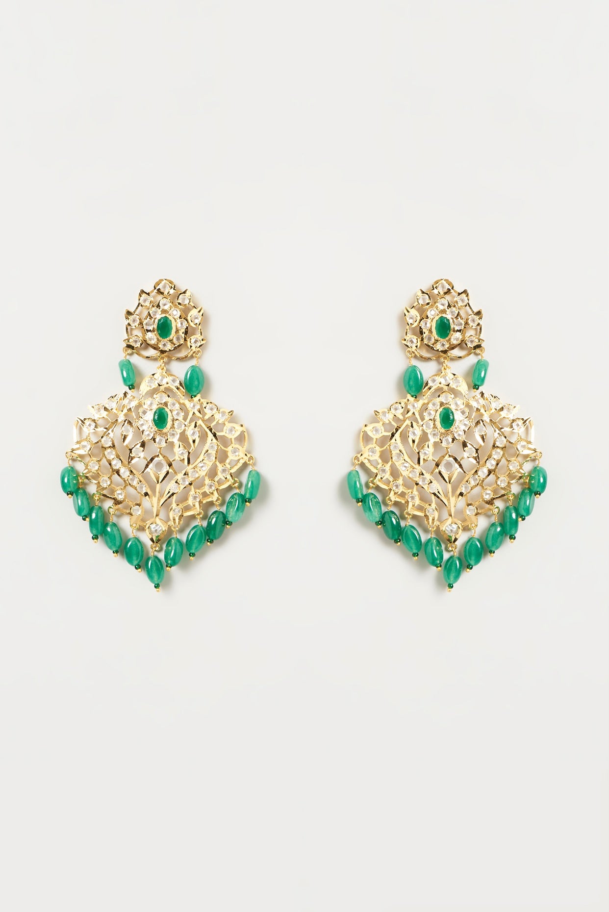 Gold Finish Kundan Polki & Green Synthetic Stone Dangler Earrings