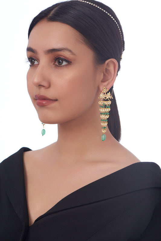 Gold Finish Kundan Polki & Green Drop Dangler Earrings