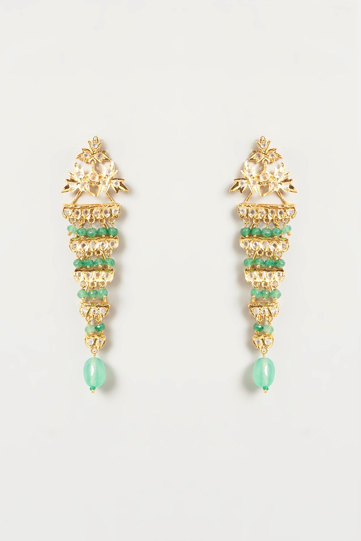 Gold Finish Kundan Polki & Green Drop Dangler Earrings