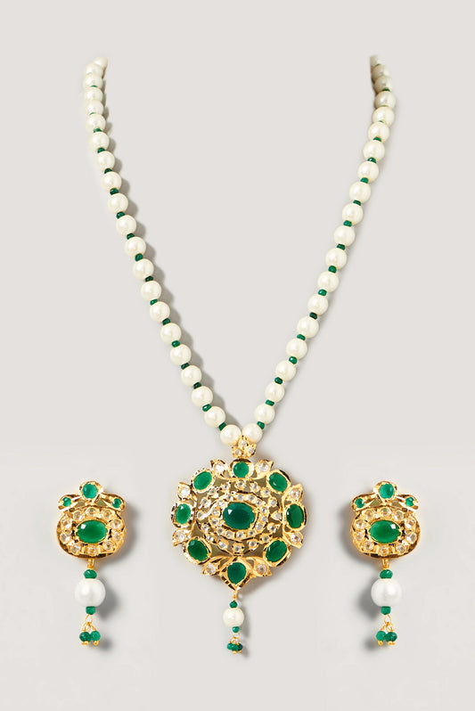 Gold Finish Kundan Polki & Green Stone Long Necklace Set