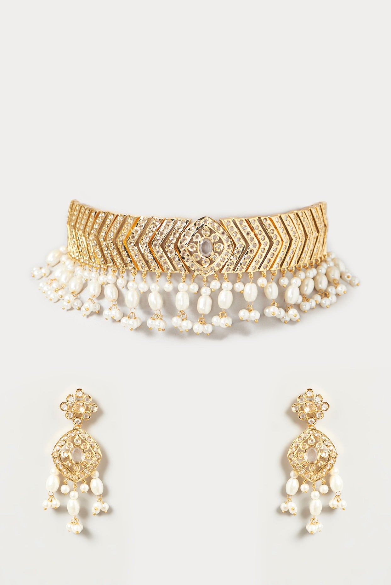 Gold Finish Pachi Kundan Polki & Pearl Choker Necklace Set