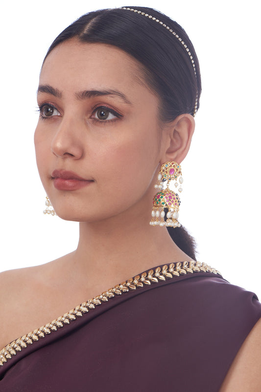 Gold Finish Kundan Polki & Beaded Jhumka Earrings