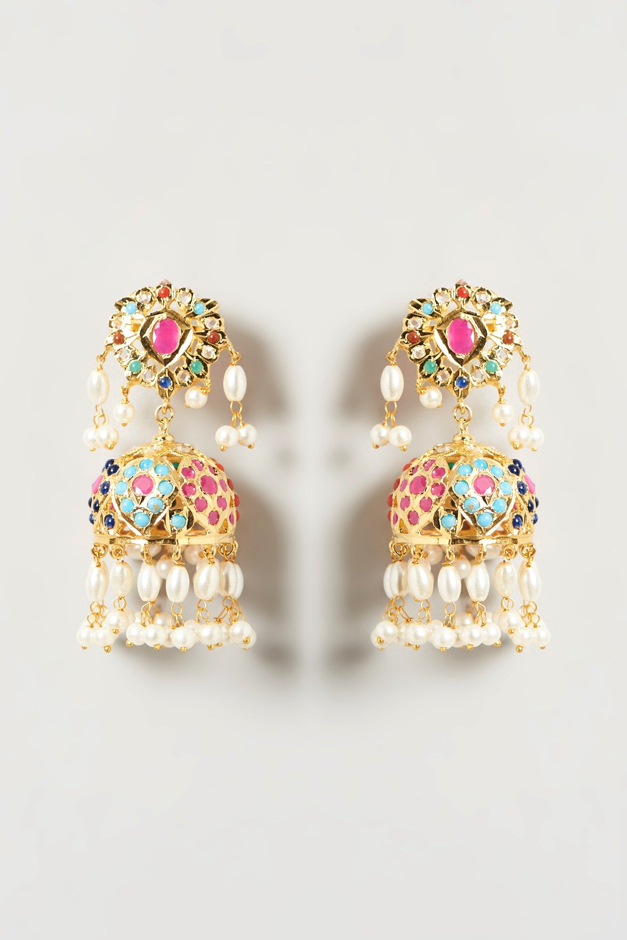 Gold Finish Kundan Polki & Beaded Jhumka Earrings