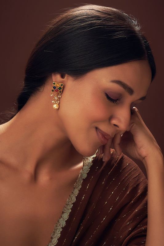 Gold Finish Navratna Stone Dangler Earrings In Sterling Silver