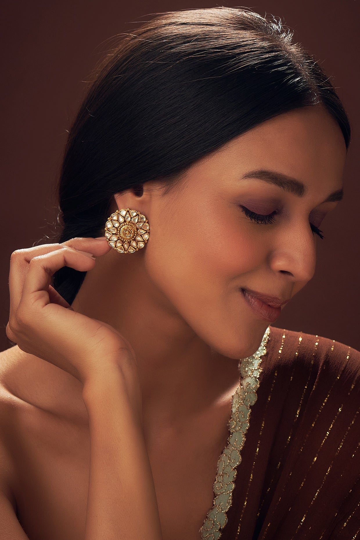 Gold Plated Kundan Polki Stud Earrings In Sterling Silver