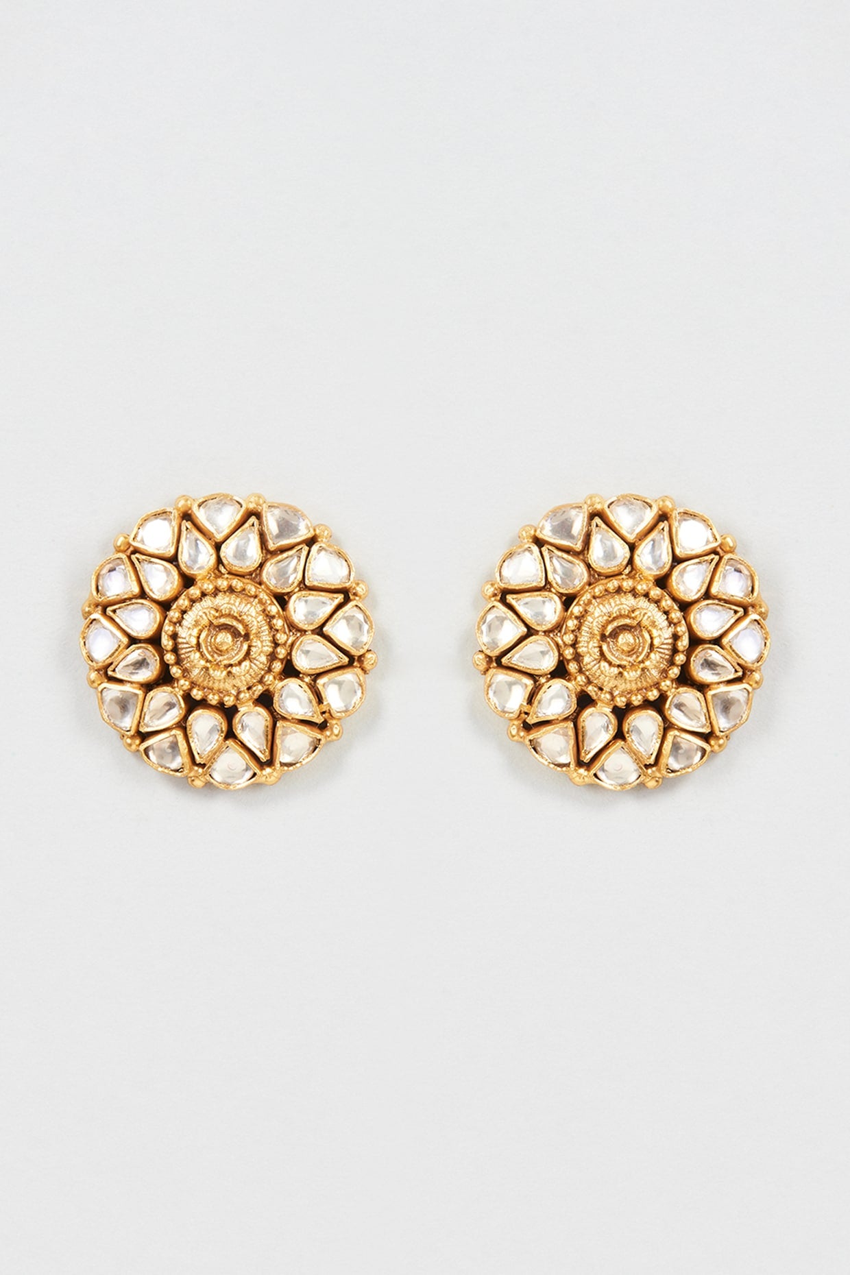 Gold Plated Kundan Polki Stud Earrings In Sterling Silver