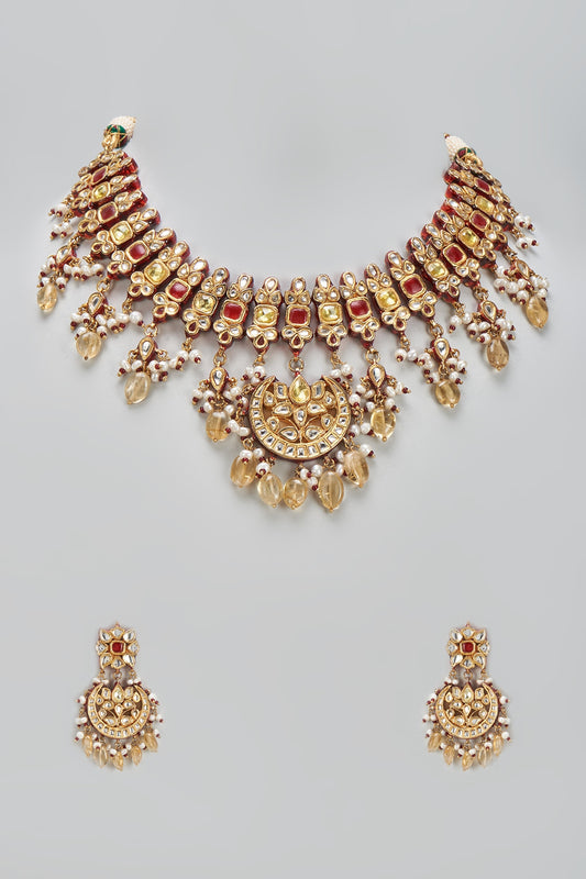 Gold Finish Kundan Polki Choker Necklace Set