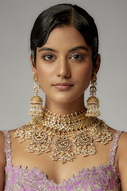 Gold Finish Kundan Polki & Pearl Choker Necklace Set