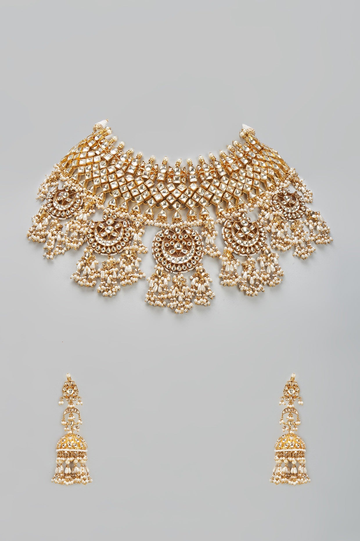 Gold Finish Kundan Polki & Pearl Choker Necklace Set