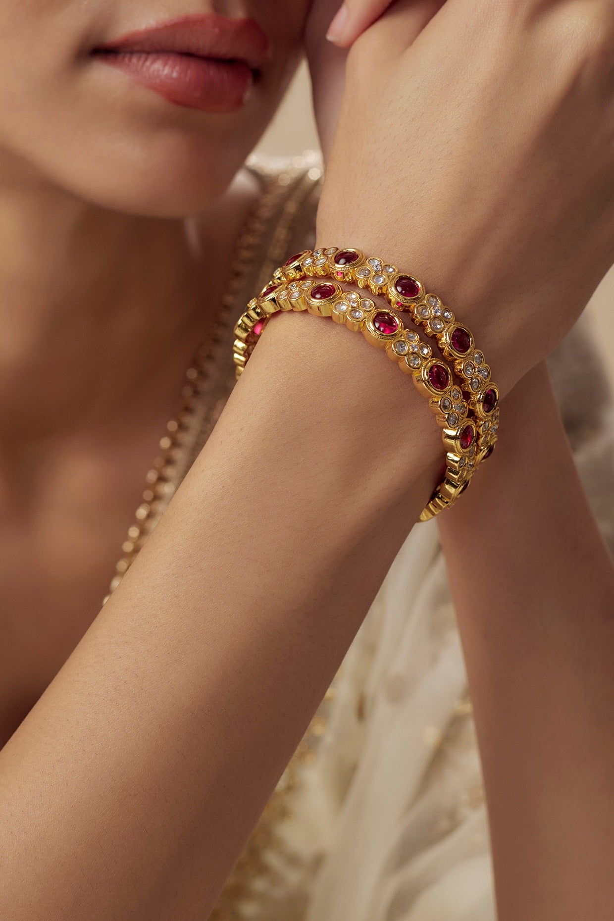 Gold Finish Kundan Polki & Ruby Synthetic Bangles (Set Of 2)