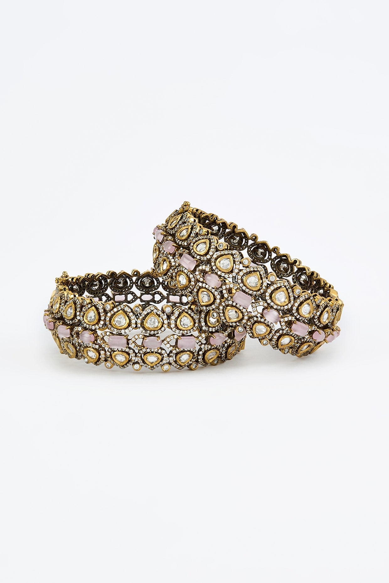 Gold Finish Kundan Polki Bangles (Set Of 2)