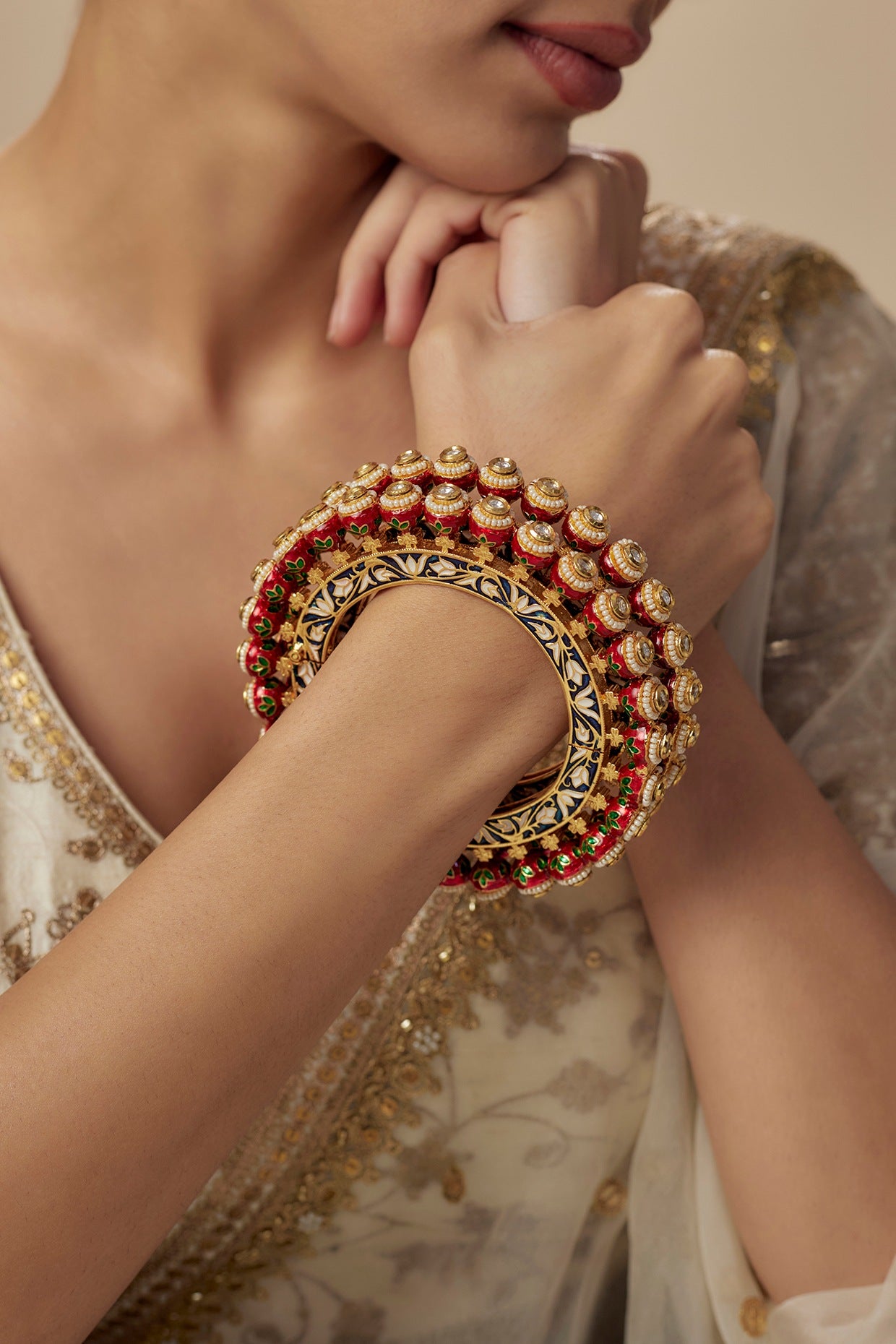 Gold Finish Kundan Polki Bangles (Set Of 2)