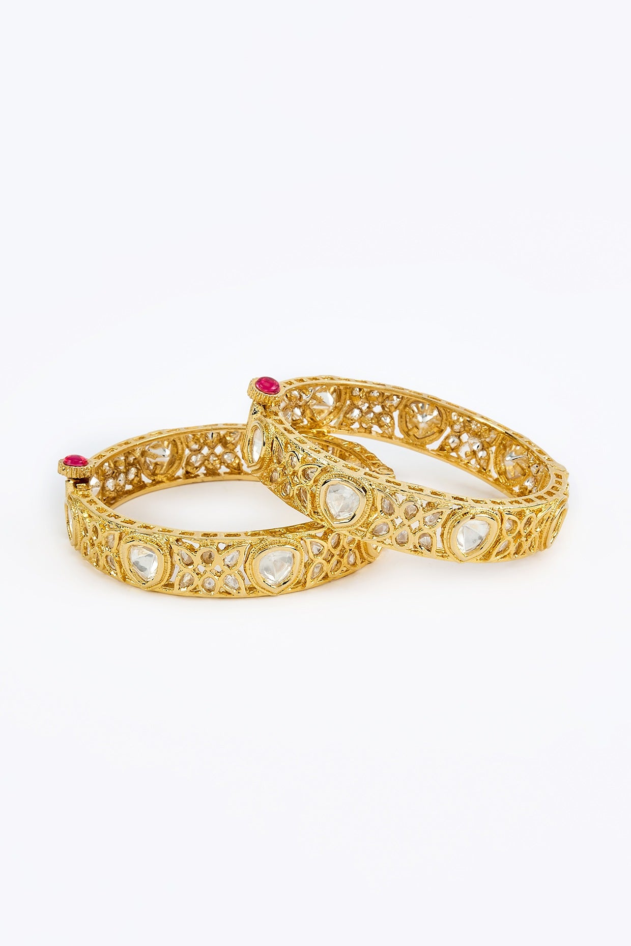 Gold Finish Kundan Polki Bangles (Set Of 2)