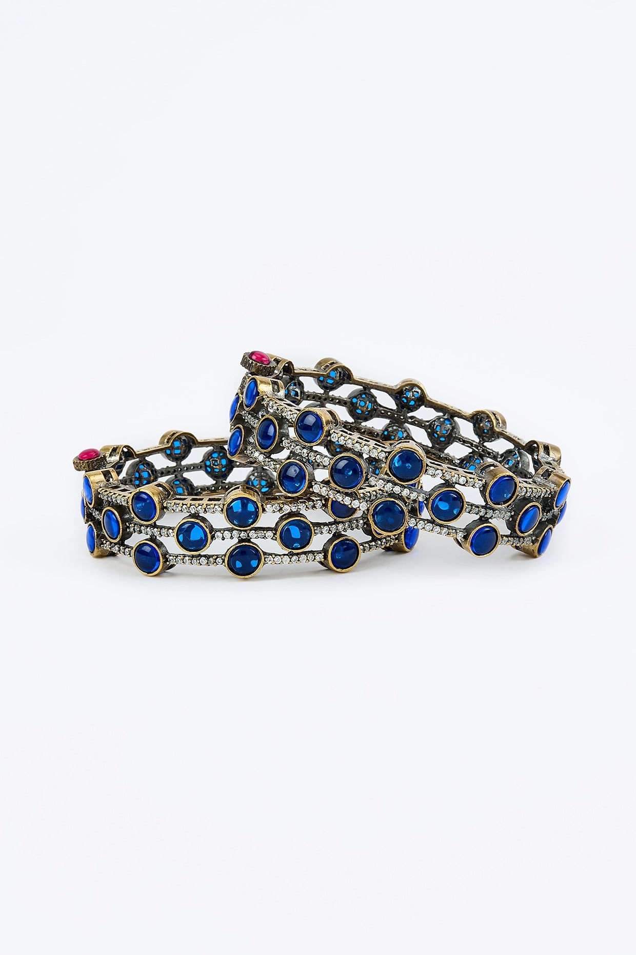 Gold Finish Blue Diamond Beaded Bangles (Set Of 2)