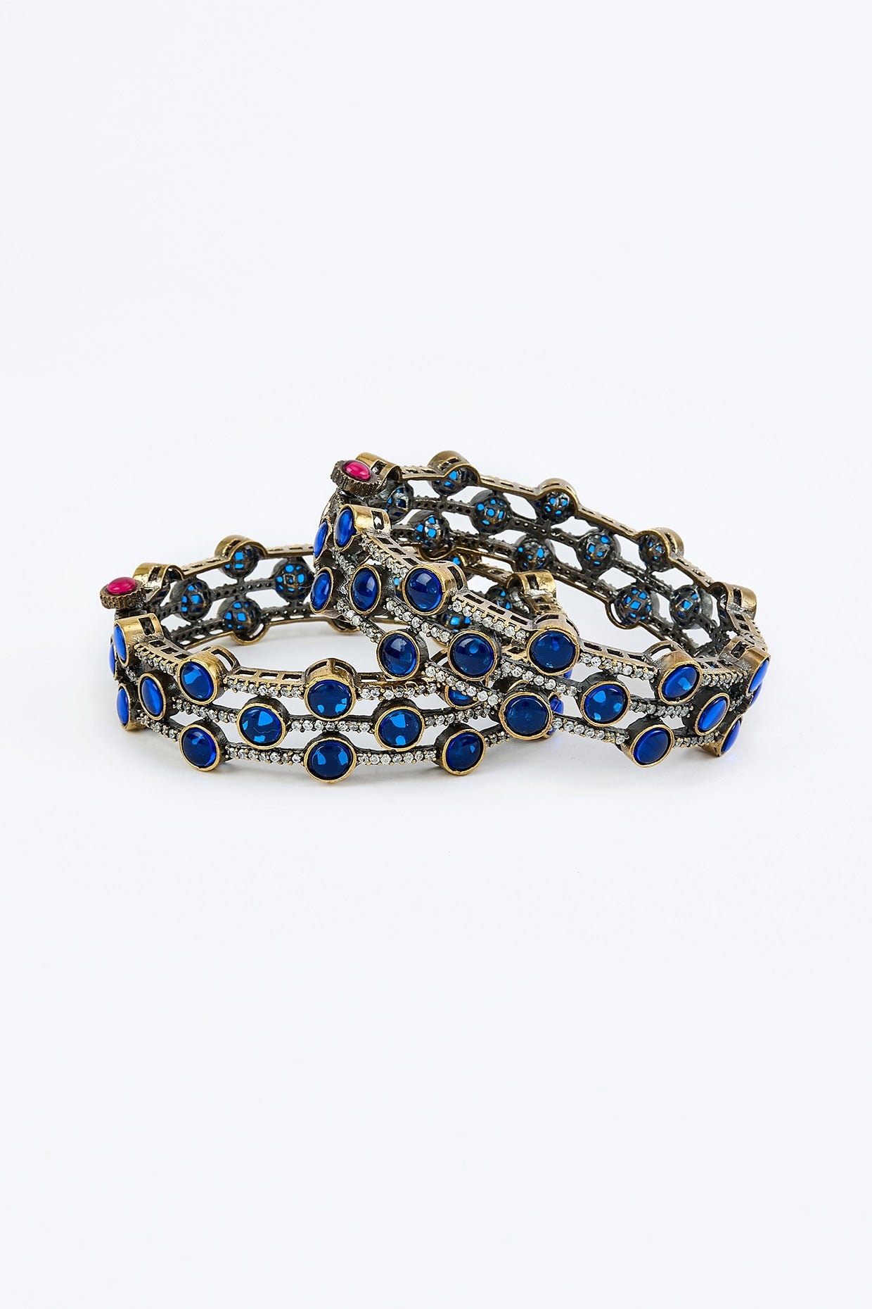 Gold Finish Blue Diamond Beaded Bangles (Set Of 2)