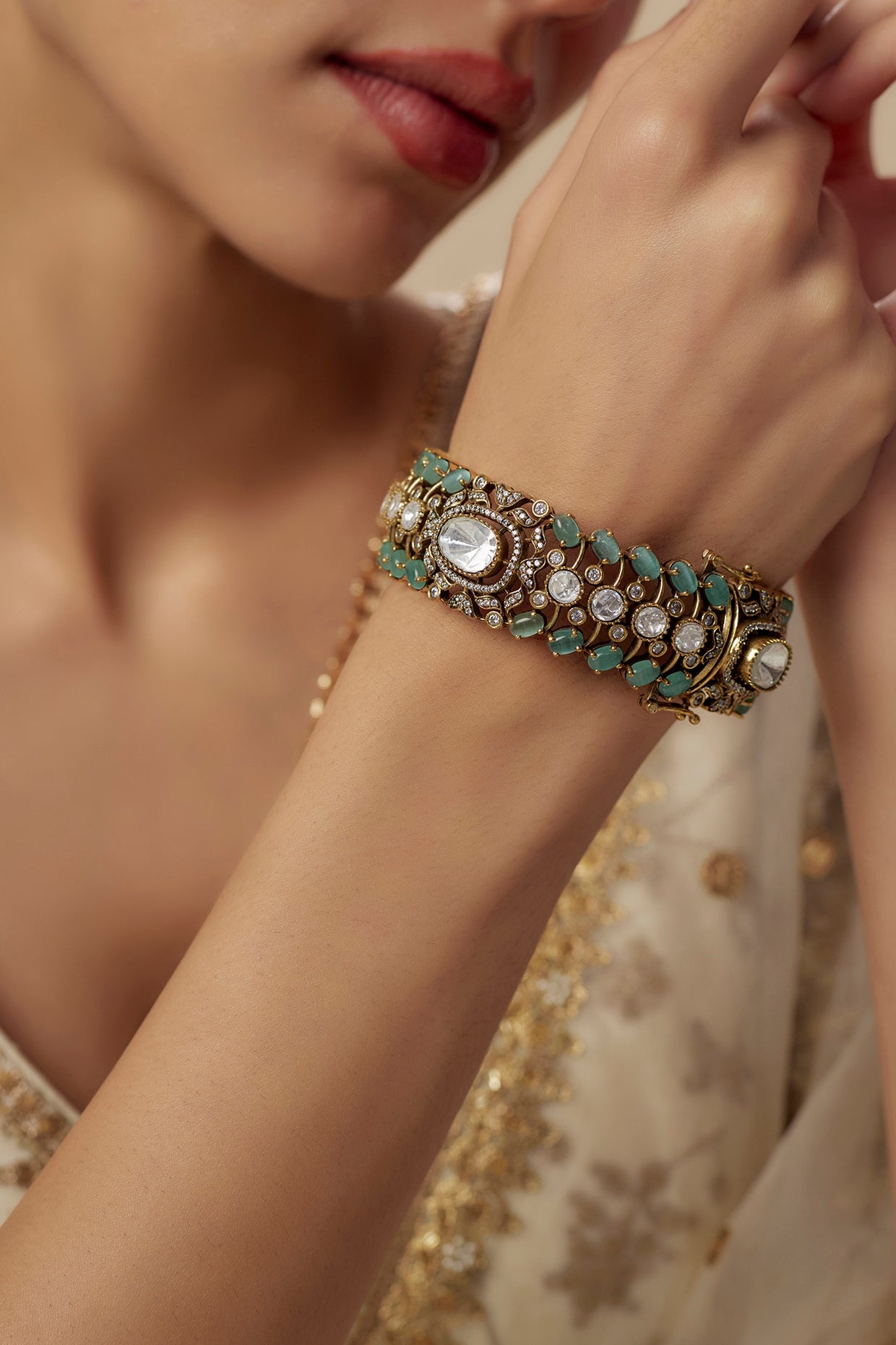 Gold Finish Zircon & Aqua Stone Bangle