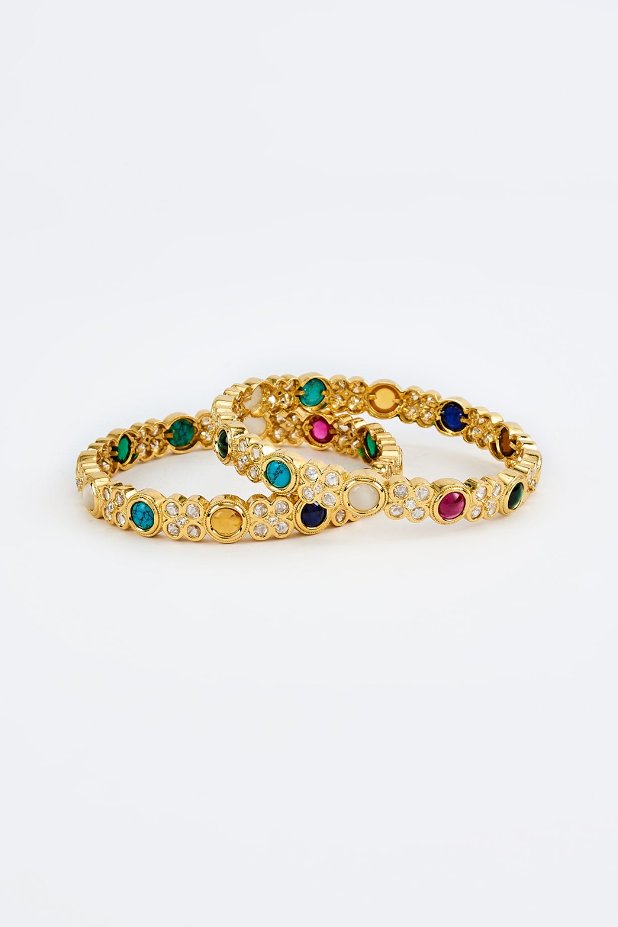 Gold Finish Kundan Polki & Multi-Colored Stone Bangles (Set Of 2)