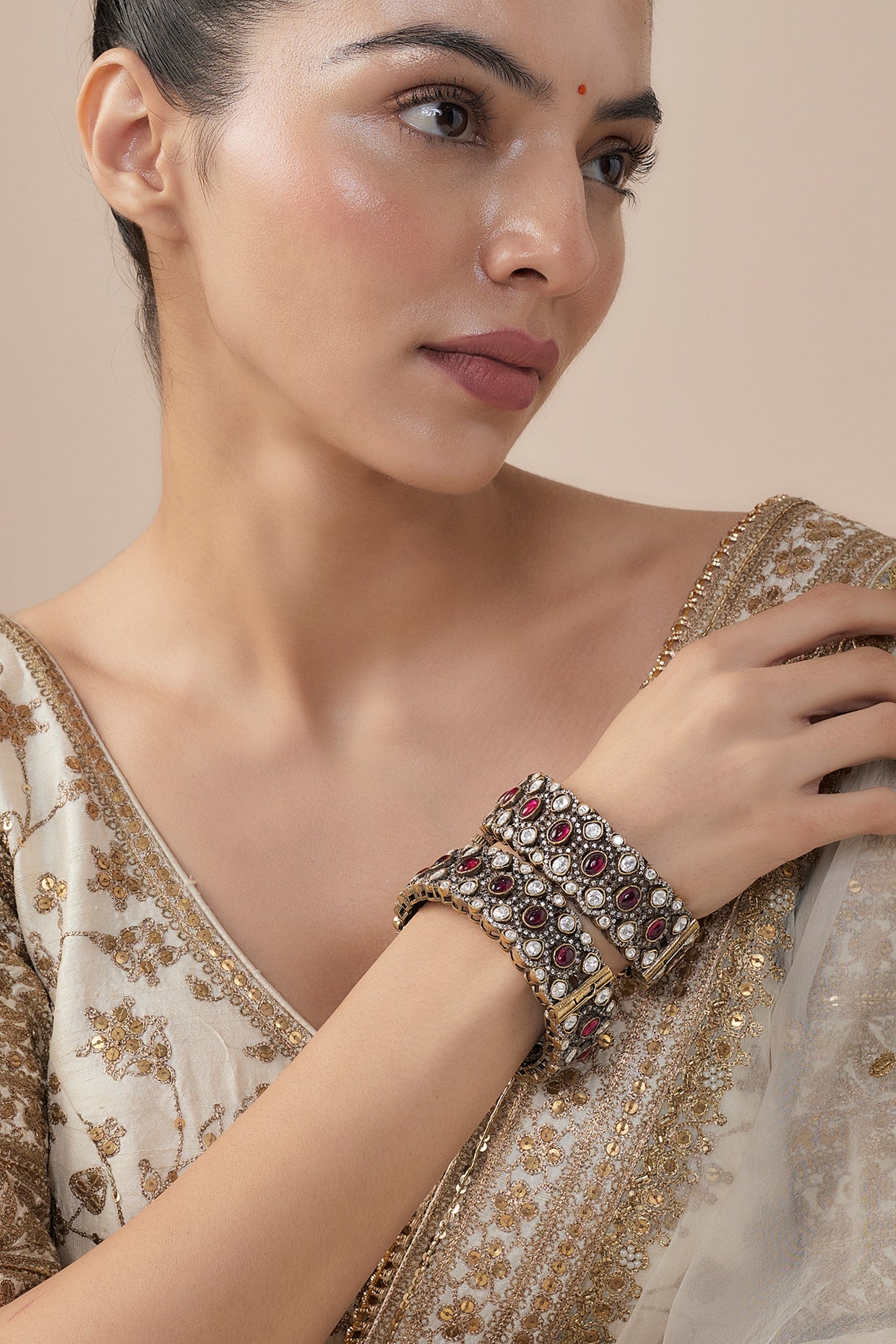 Gold Finish Kundan Polki & Ruby Stone Bangles (Set Of 2)