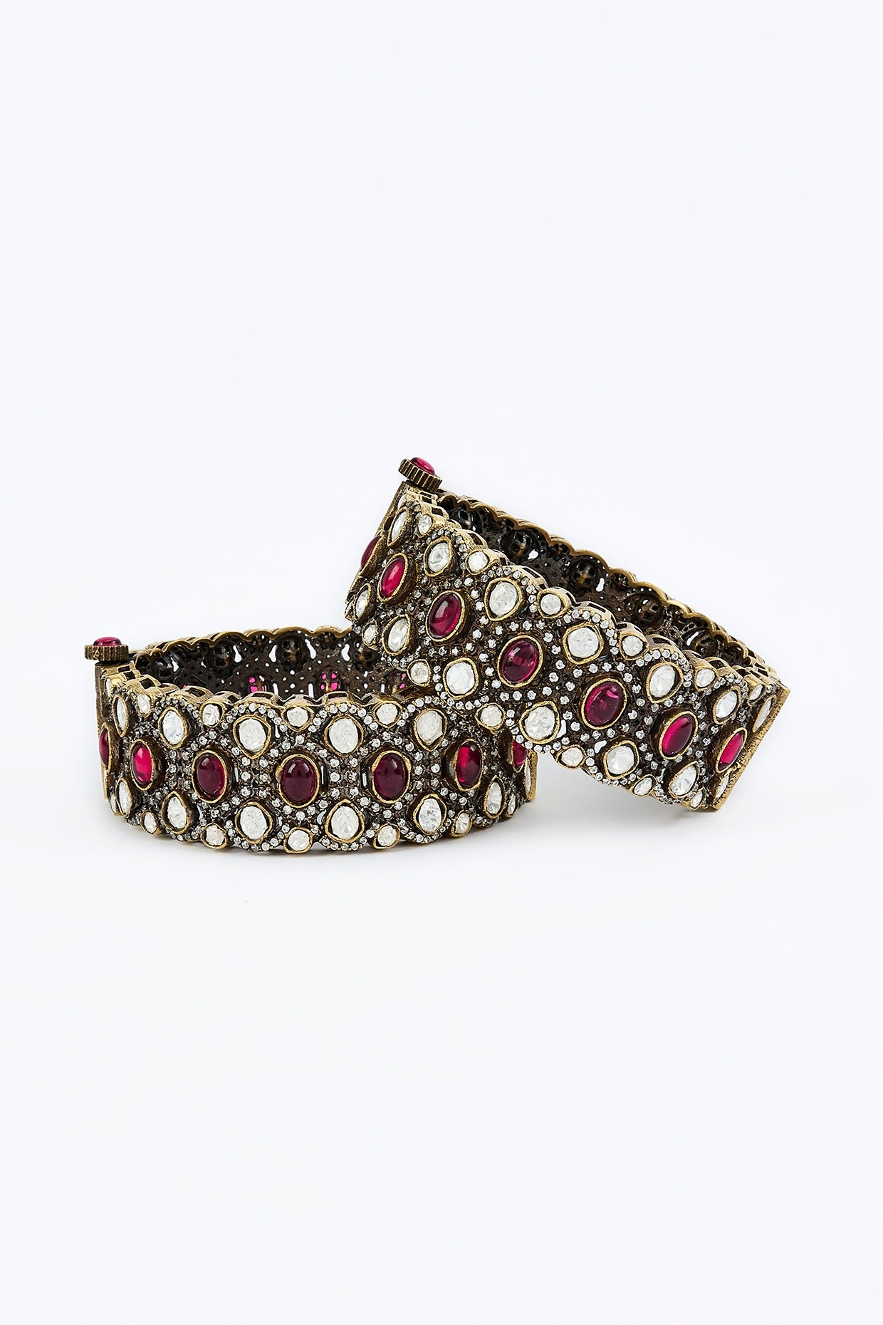 Gold Finish Kundan Polki & Ruby Stone Bangles (Set Of 2)