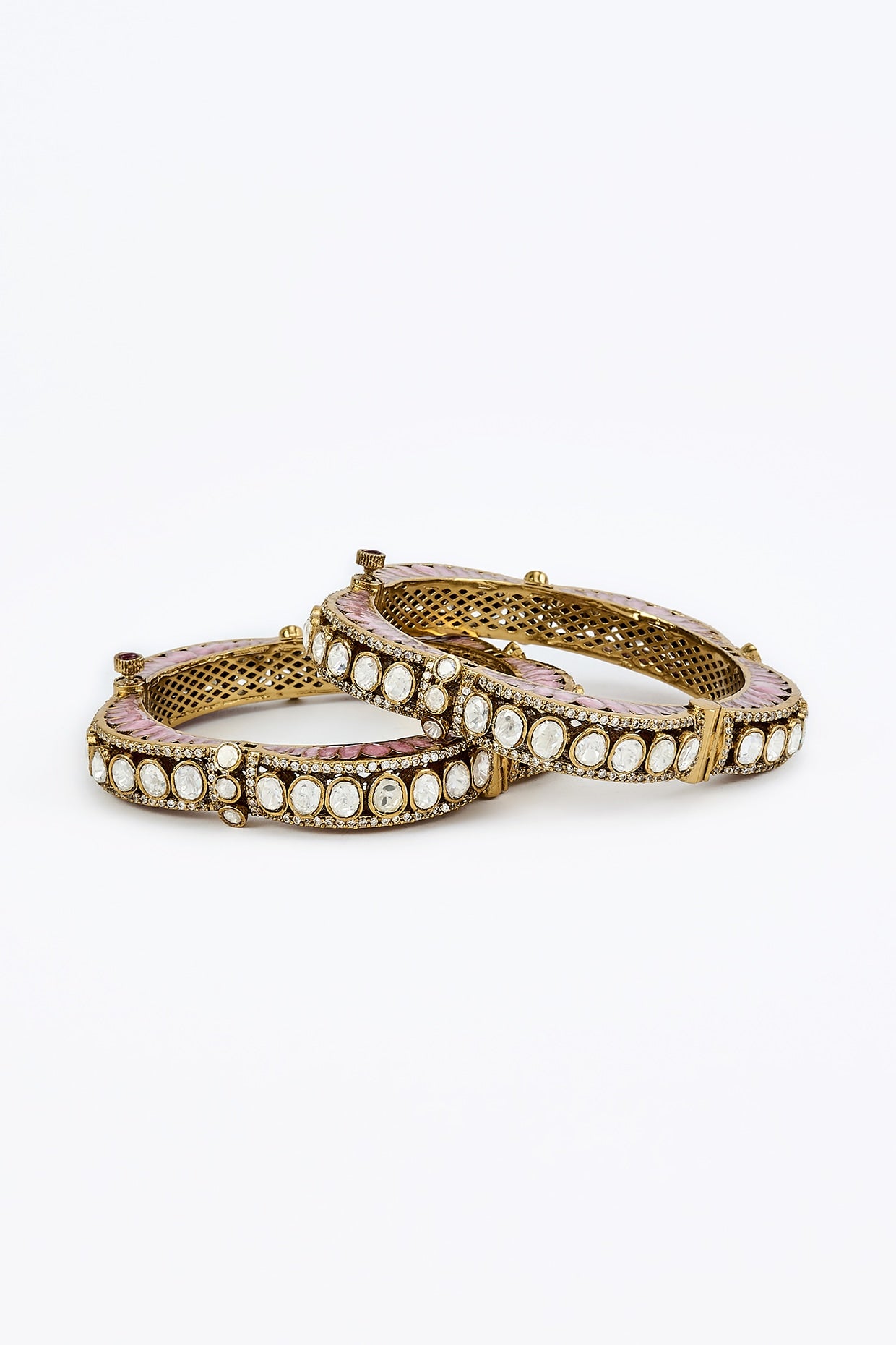 Gold Finish Kundan Polki Meenakari Bangles (Set of 2)