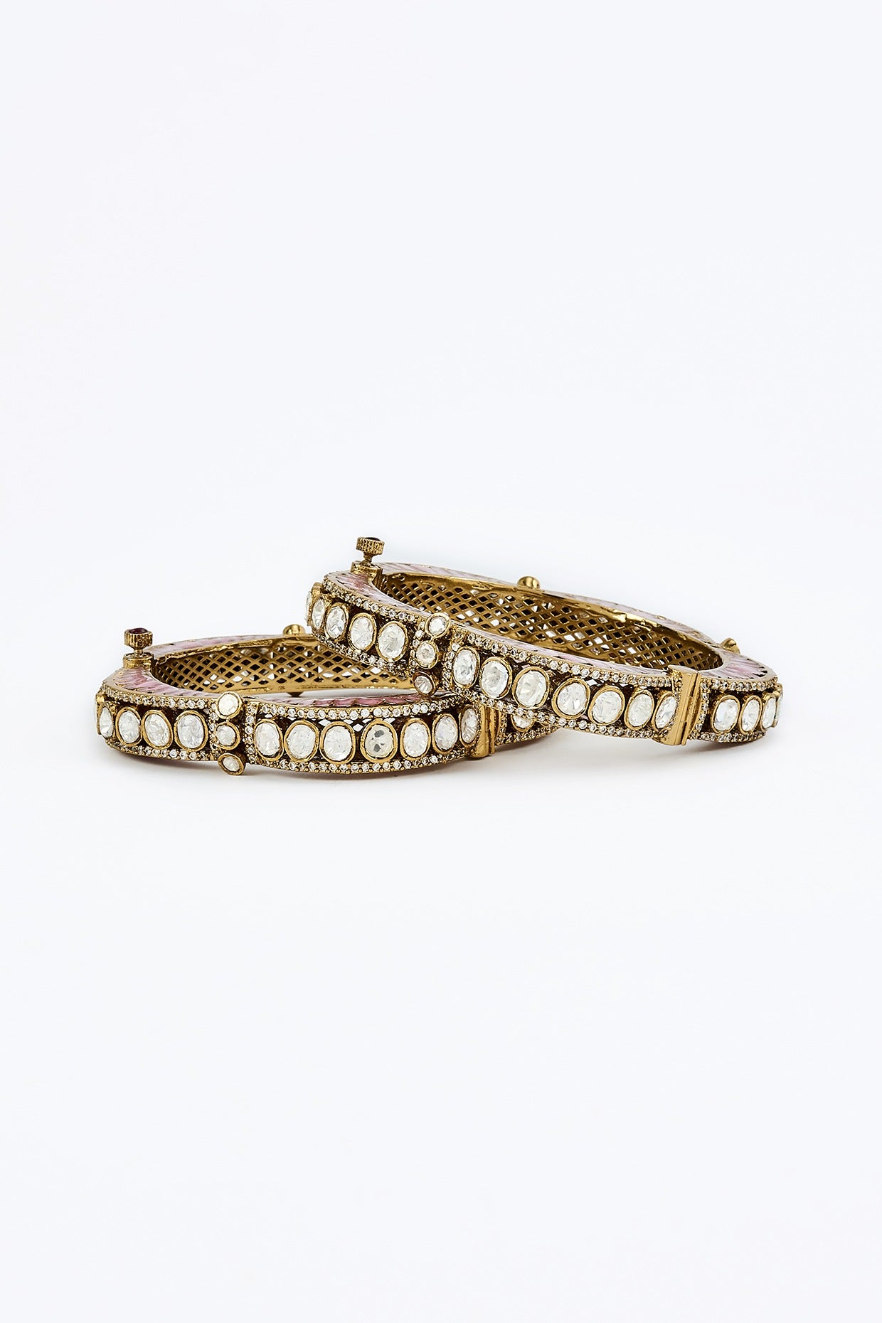 Gold Finish Kundan Polki Meenakari Bangles (Set of 2)