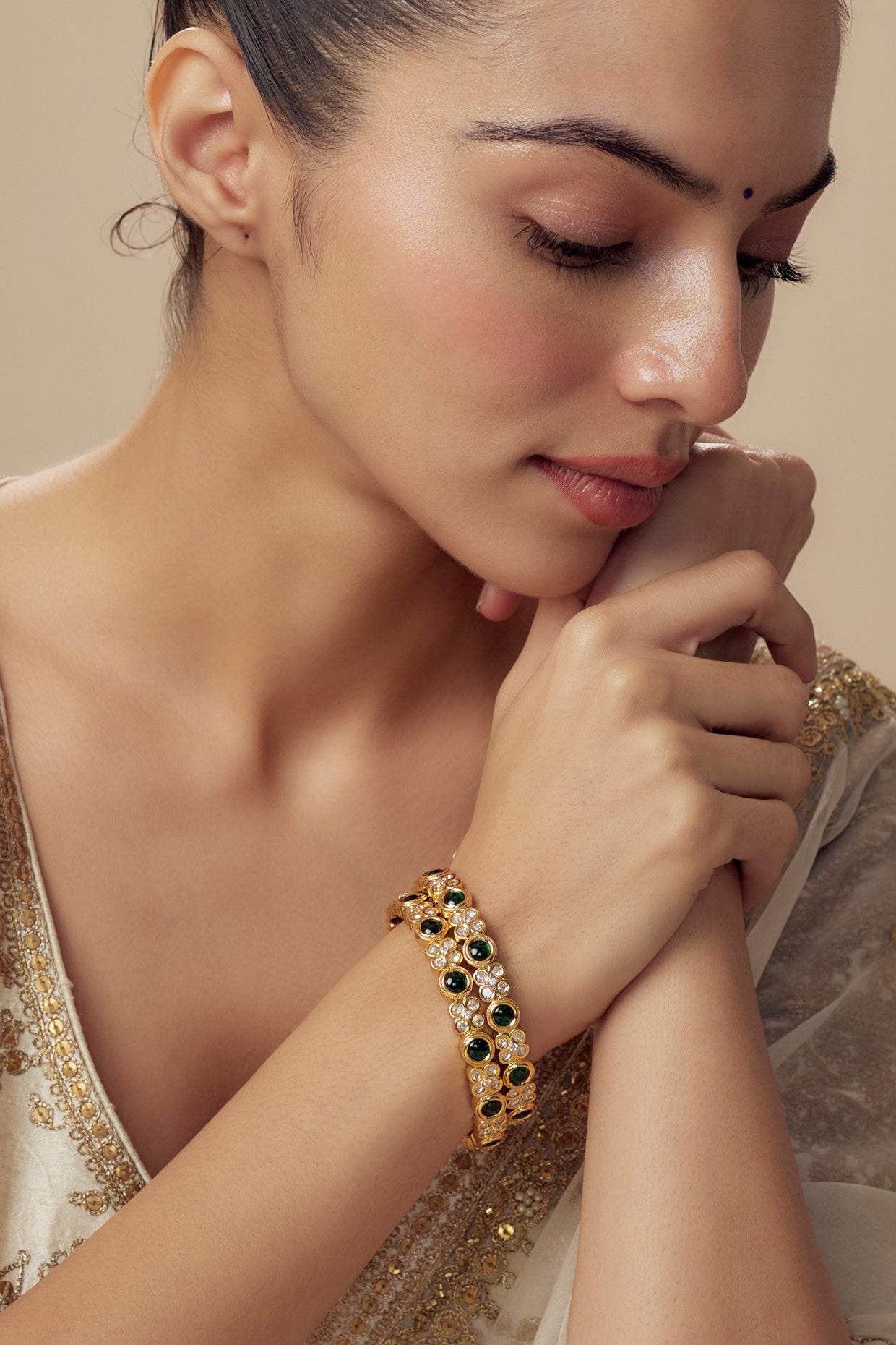 Gold Finish Kundan Polki Bangles (Set Of 2)