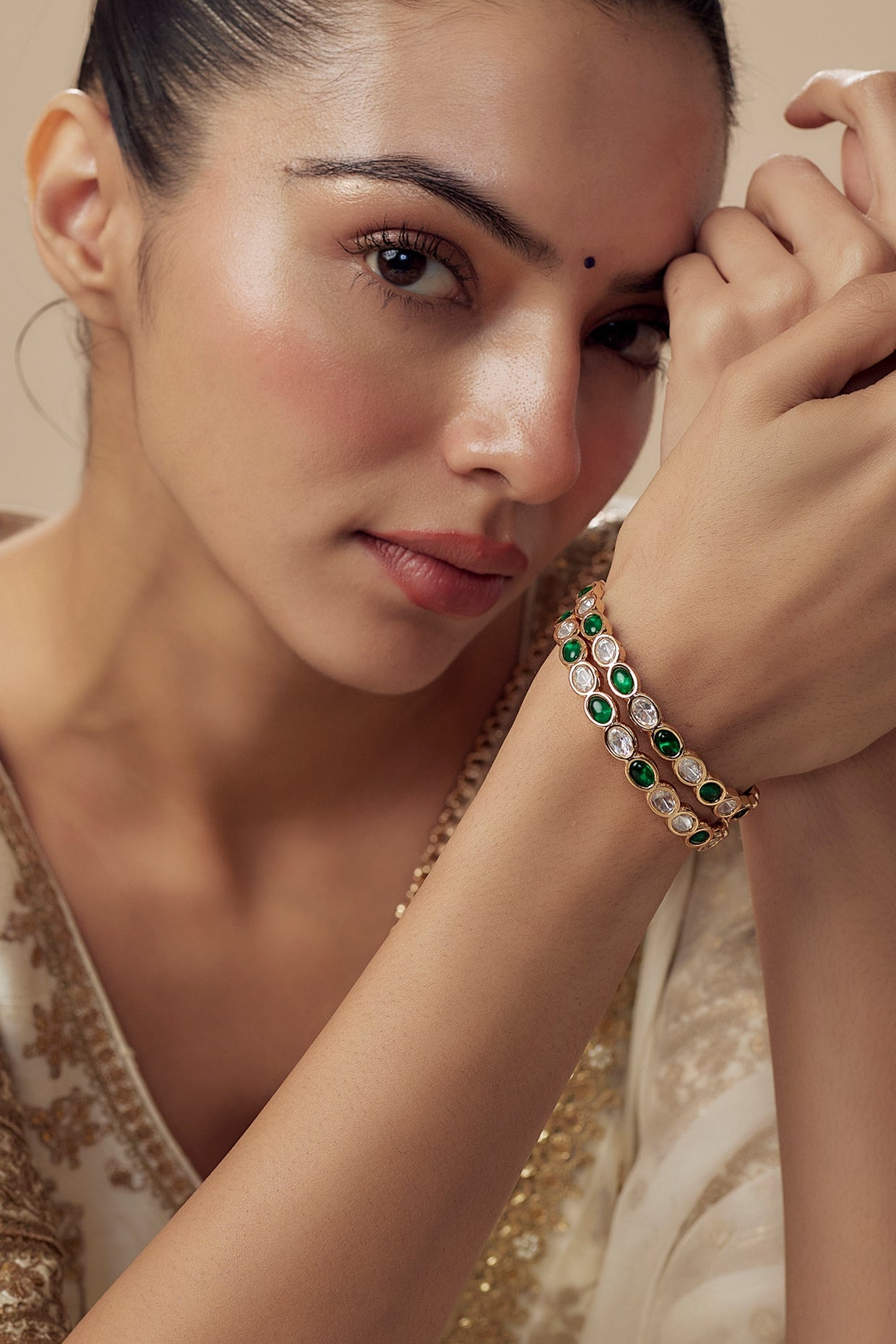 Gold Finish Kundan Polki & Green Stone Bangles (Set Of 2)