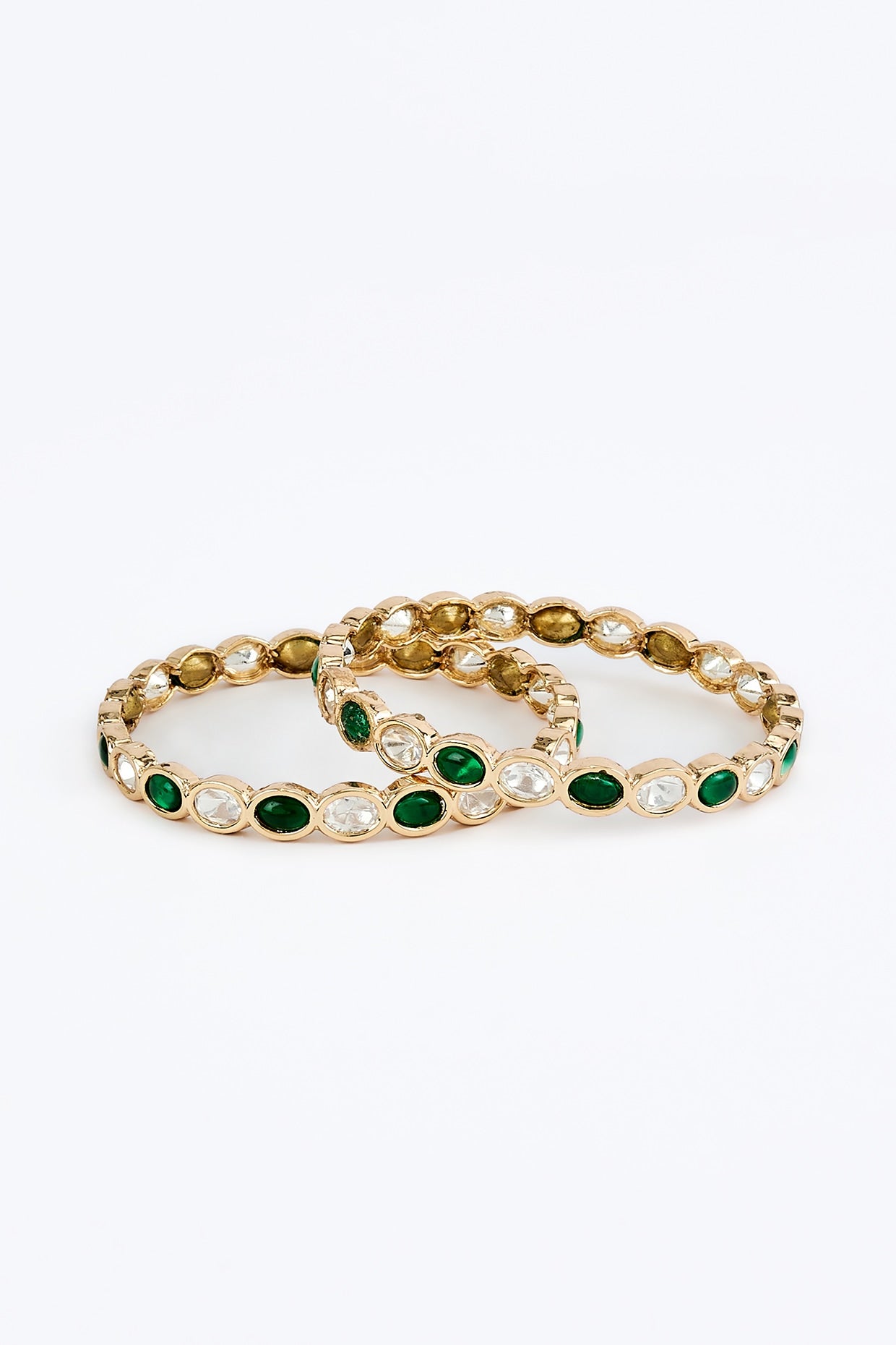 Gold Finish Kundan Polki & Green Stone Bangles (Set Of 2)