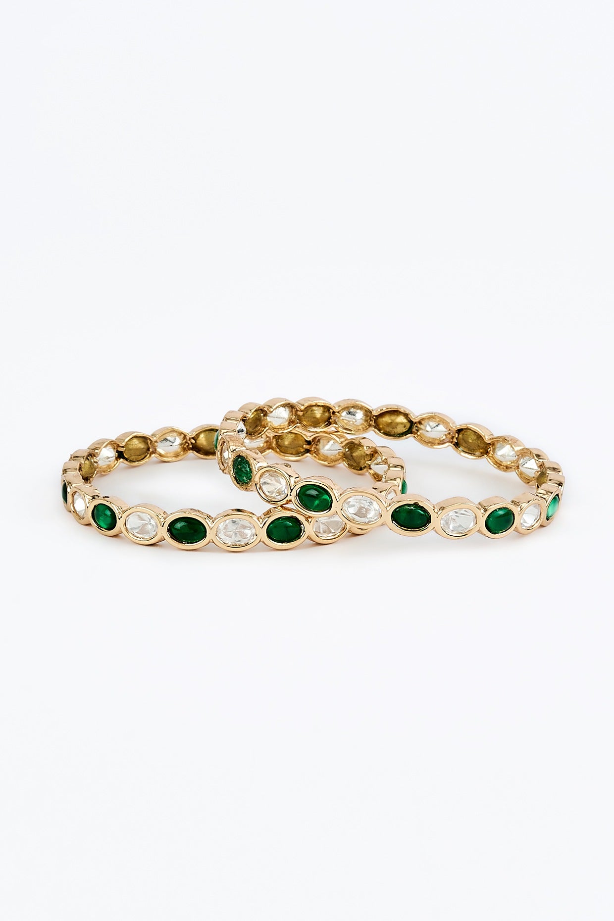 Gold Finish Kundan Polki & Green Stone Bangles (Set Of 2)