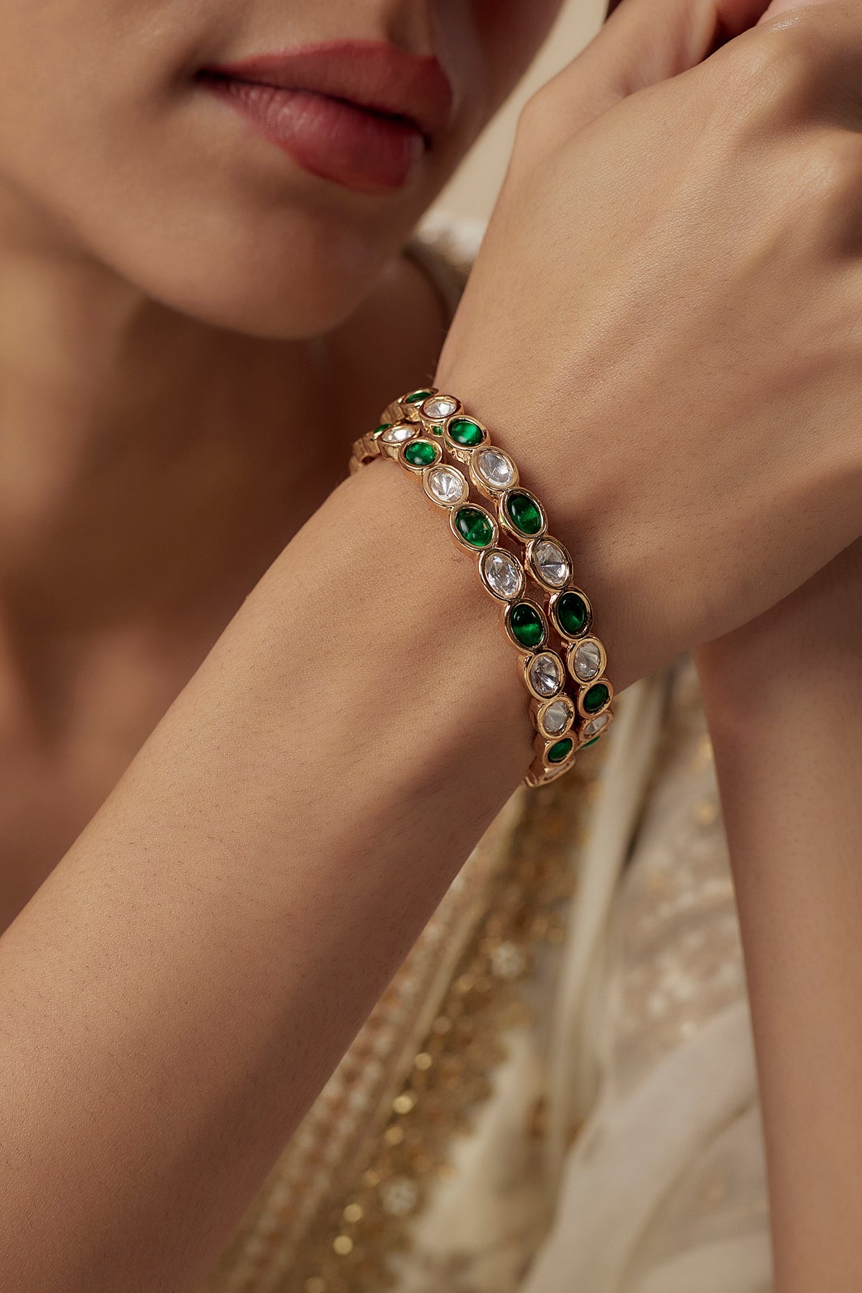 Gold Finish Kundan Polki & Green Stone Bangles (Set Of 2)