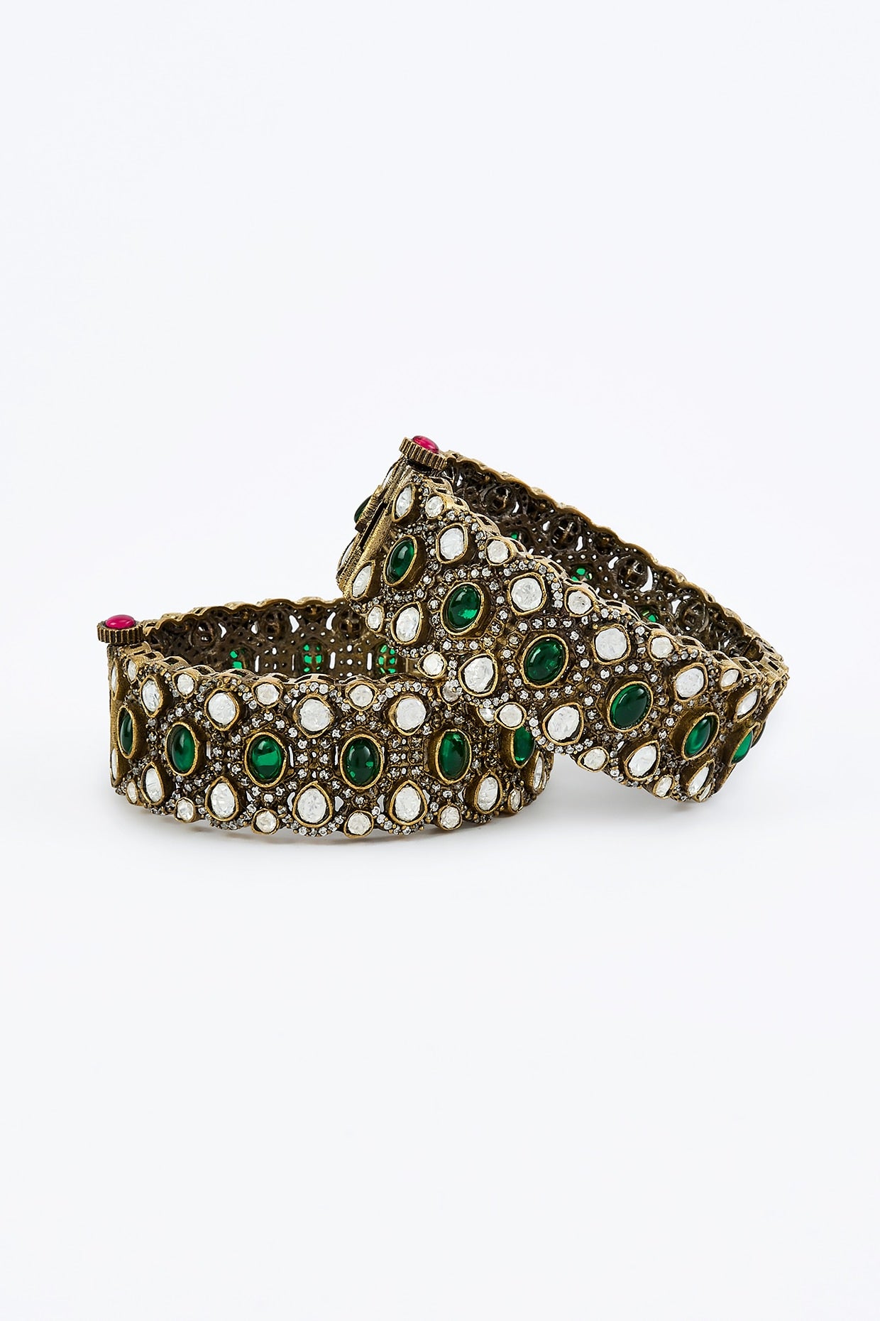 Gold Finish Kundan Polki & Green Stone Bangles (Set Of 2)