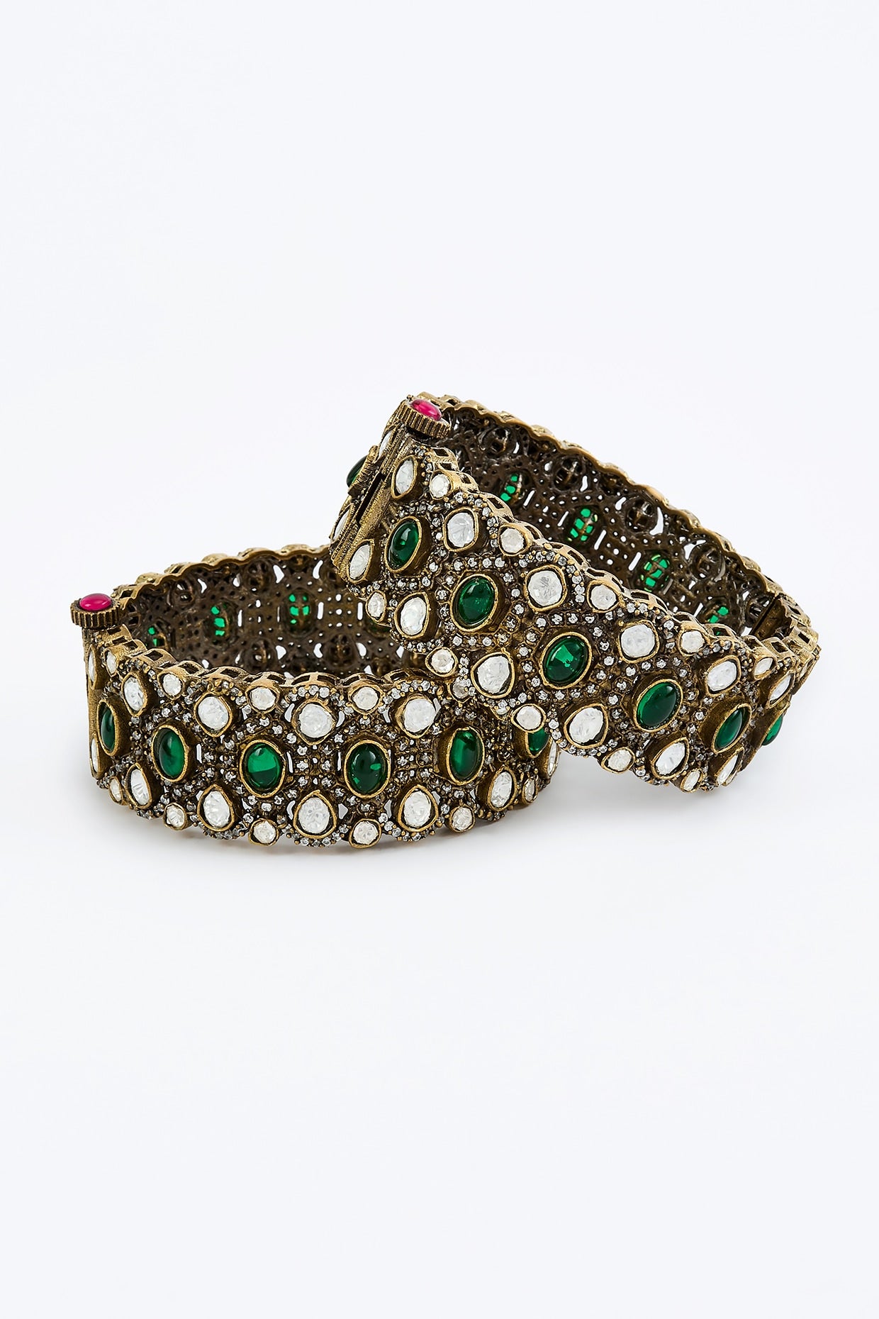 Gold Finish Kundan Polki & Green Stone Bangles (Set Of 2)