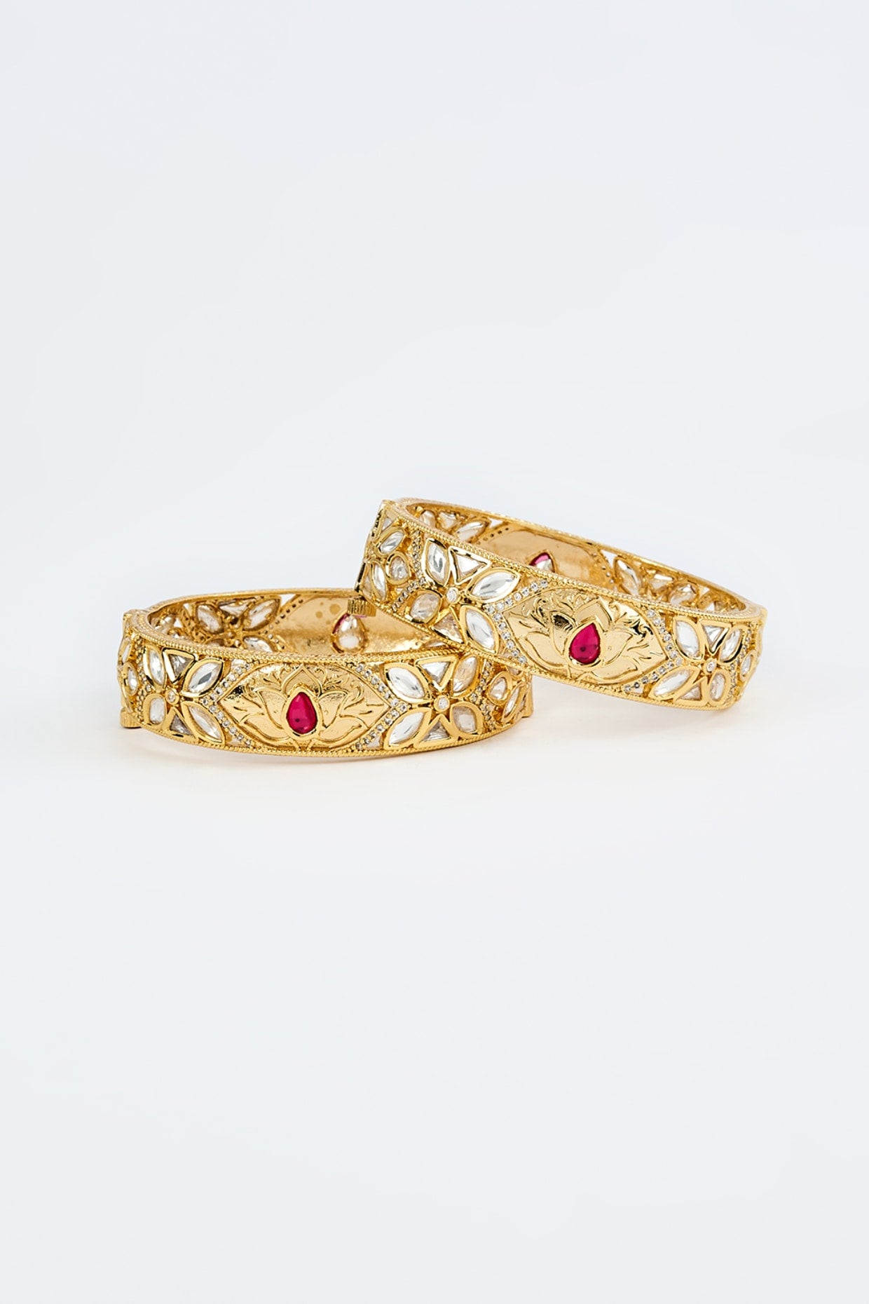 Gold Finish Kundan Polki Bangles (Set Of 2)