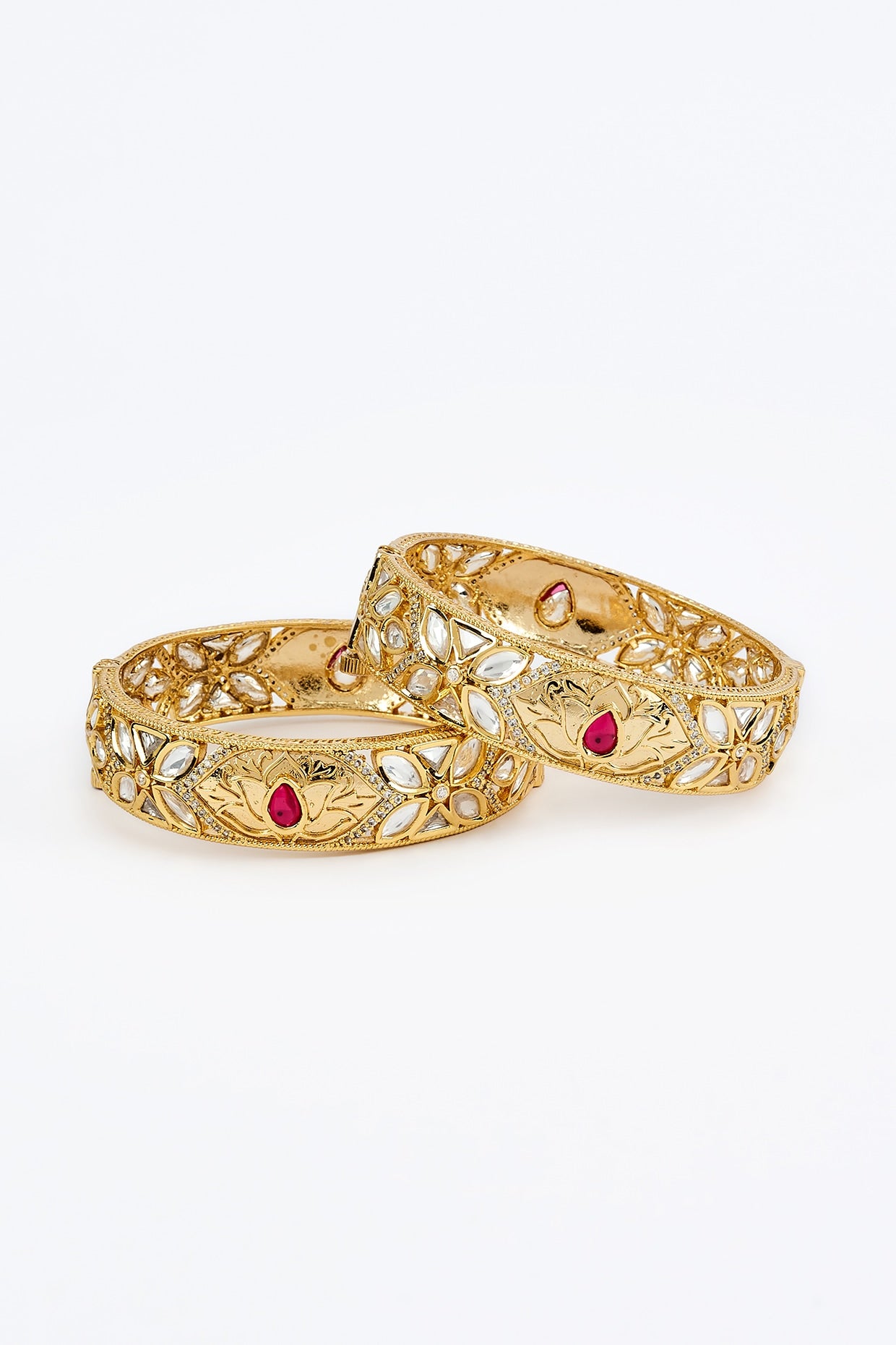 Gold Finish Kundan Polki Bangles (Set Of 2)