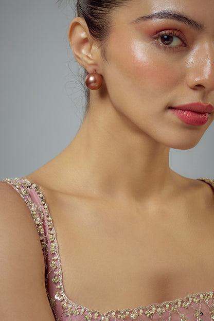 Gold Finish Ruby & Pearl Stud Earrings