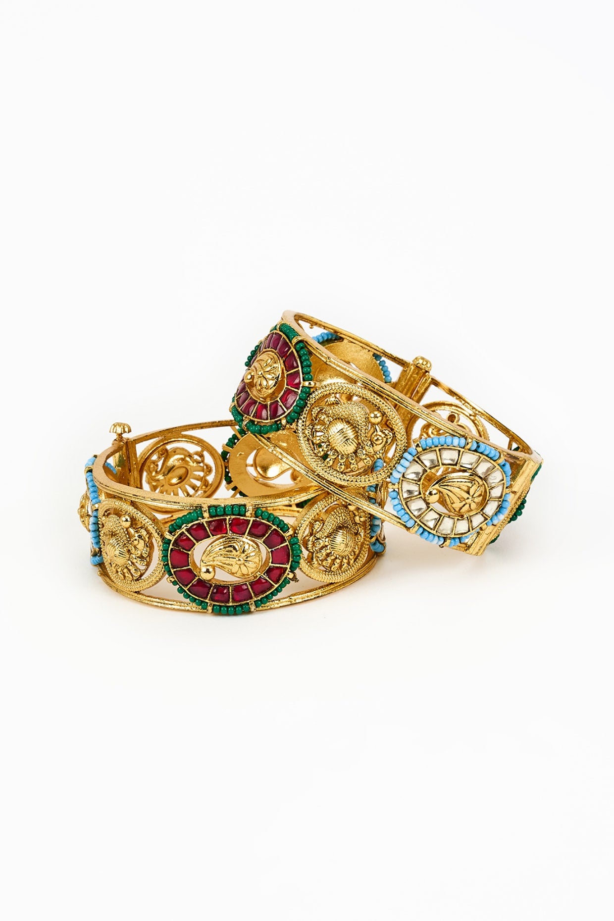 Gold Finish Kundan Polki Bangles (Set Of 2)