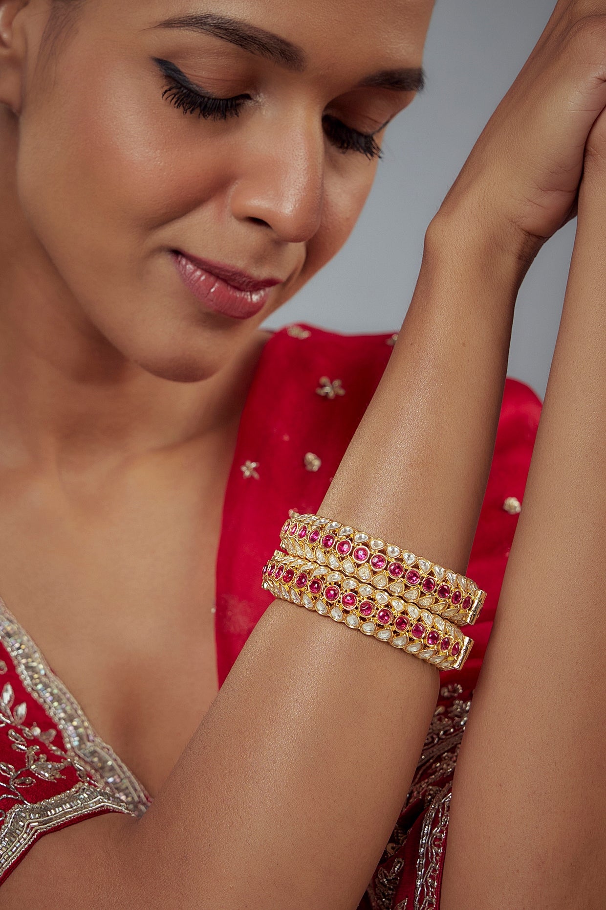 Gold Finish Kundan Polki Bangles (Set Of 2)