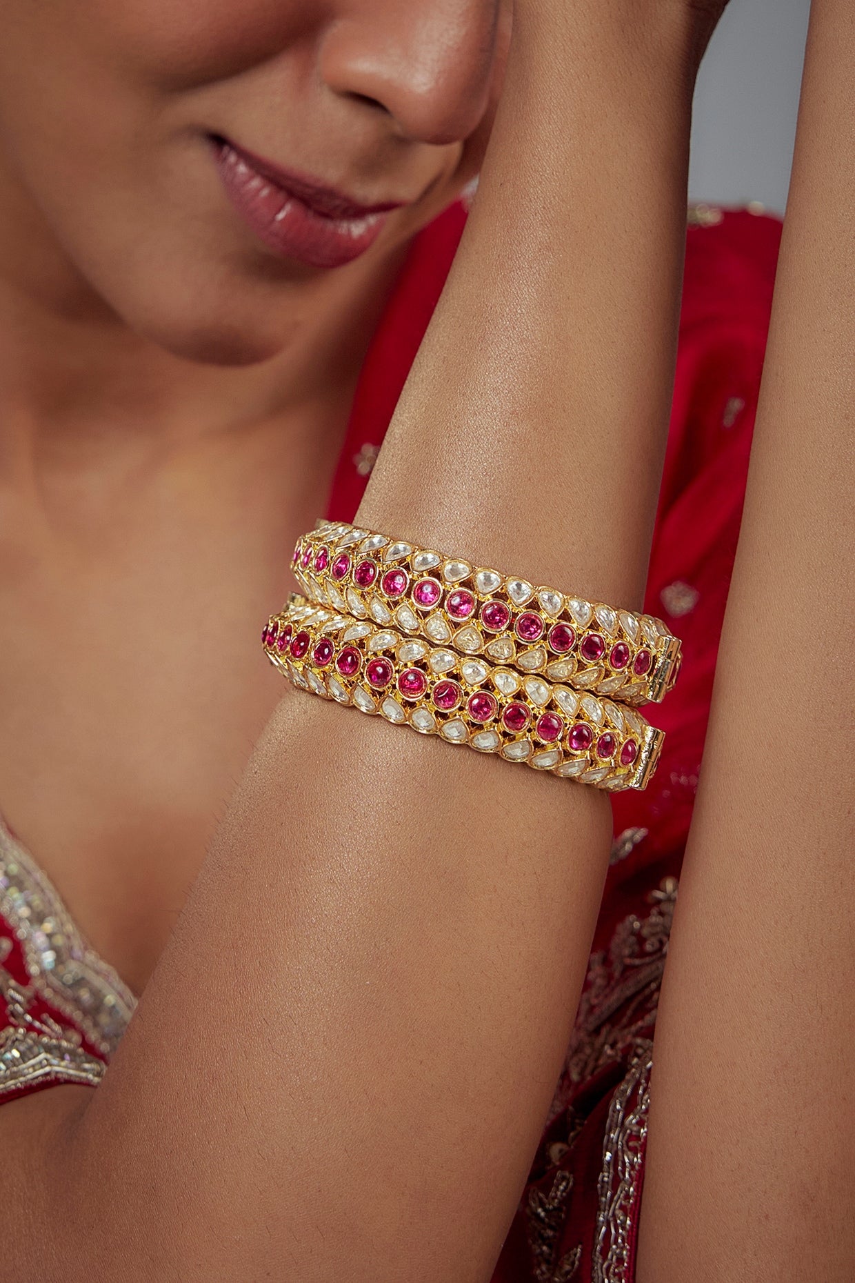 Gold Finish Kundan Polki Bangles (Set Of 2)