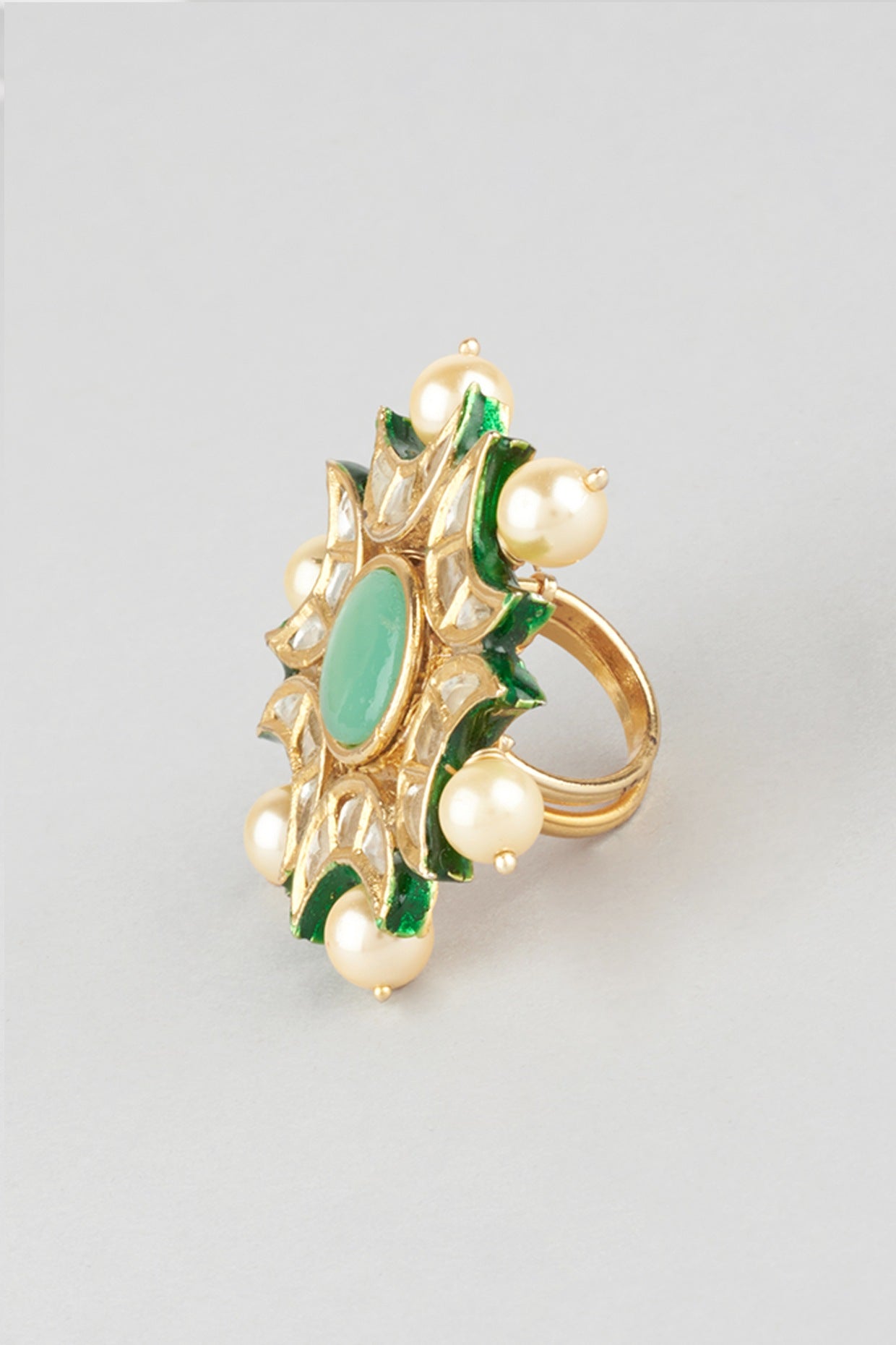 Gold Finish Kundan Polki & Green Onyx Ring