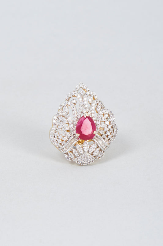 Gold Finish Red & White Zircon Ring In Sterling Silver