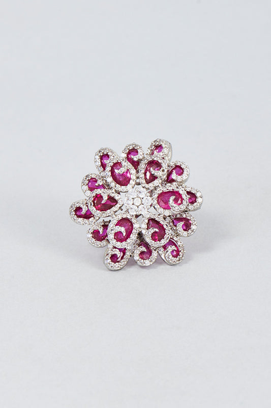 White Finish Zircon & Pink Stone Ring