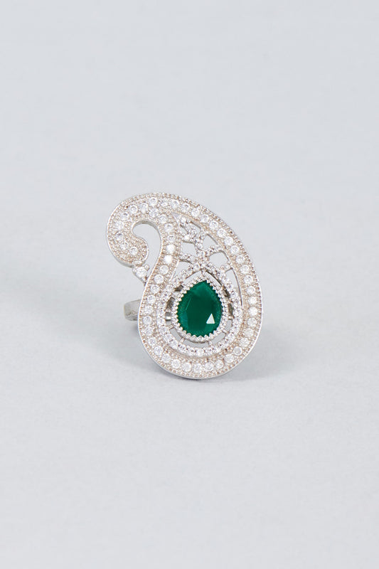 White Finish Zircon & Green Stone Ring