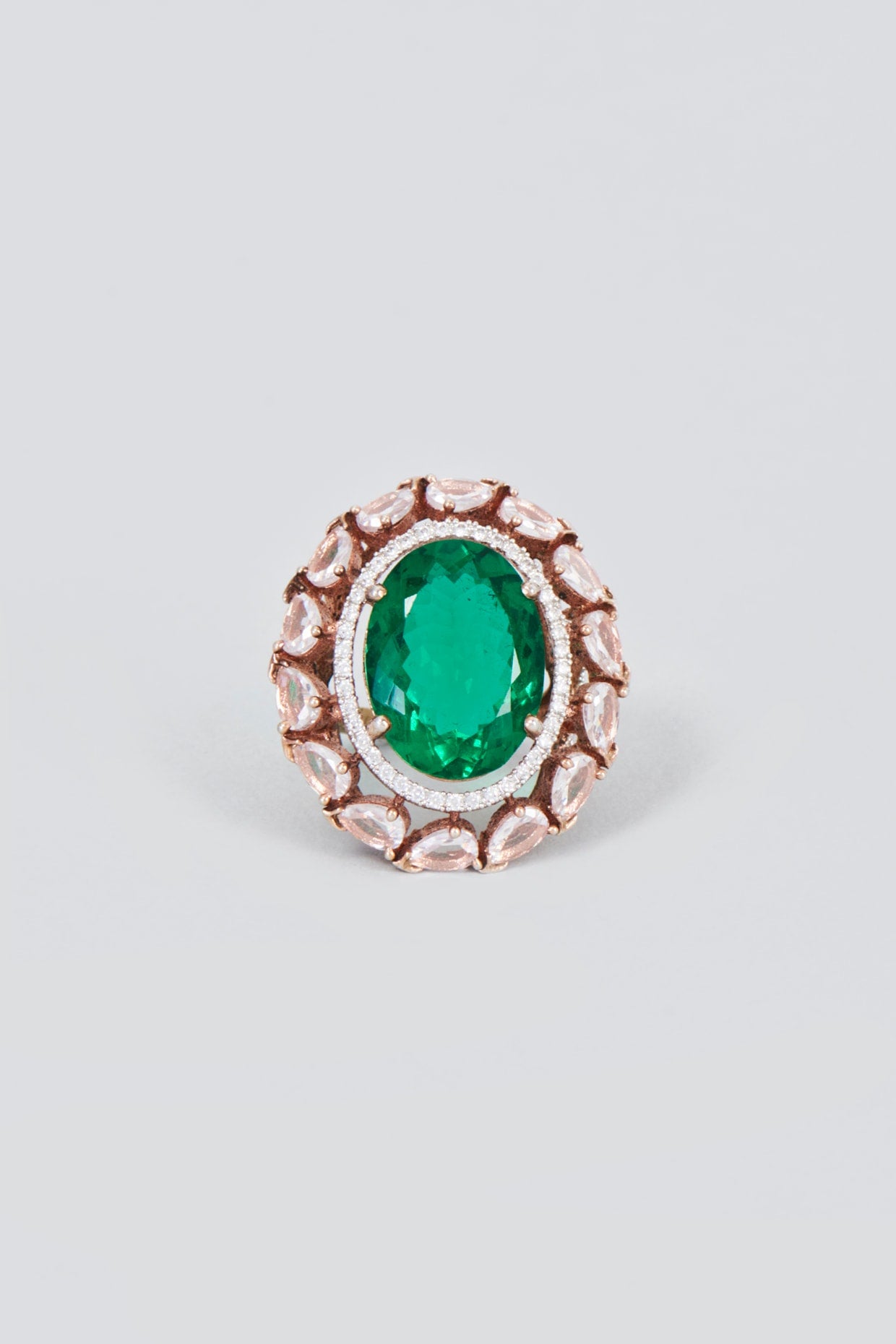 Rose Gold Finish Zircon & Green Stone Ring