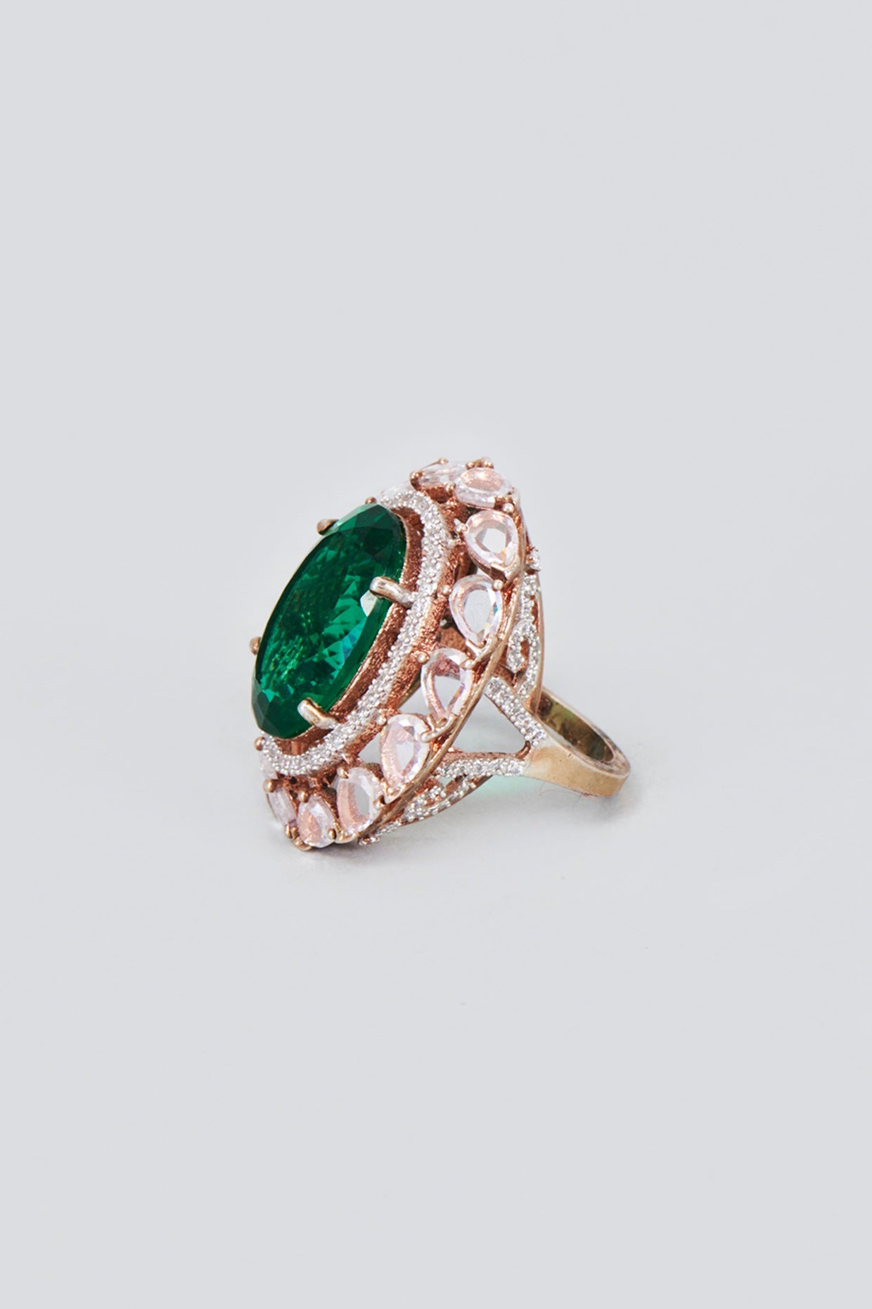 Rose Gold Finish Zircon & Green Stone Ring