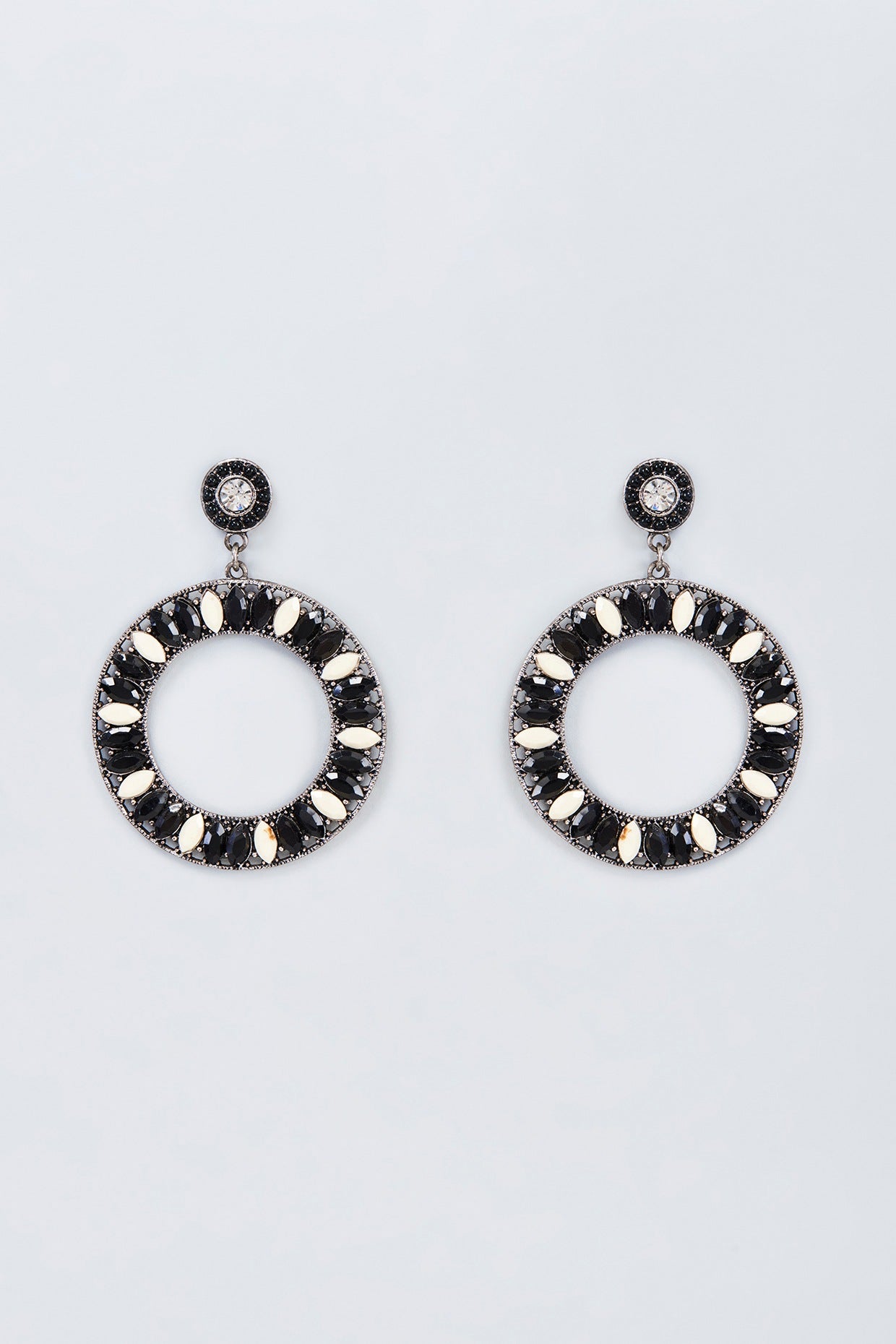 Silver Finish Black & White Stone Dangler Earrings