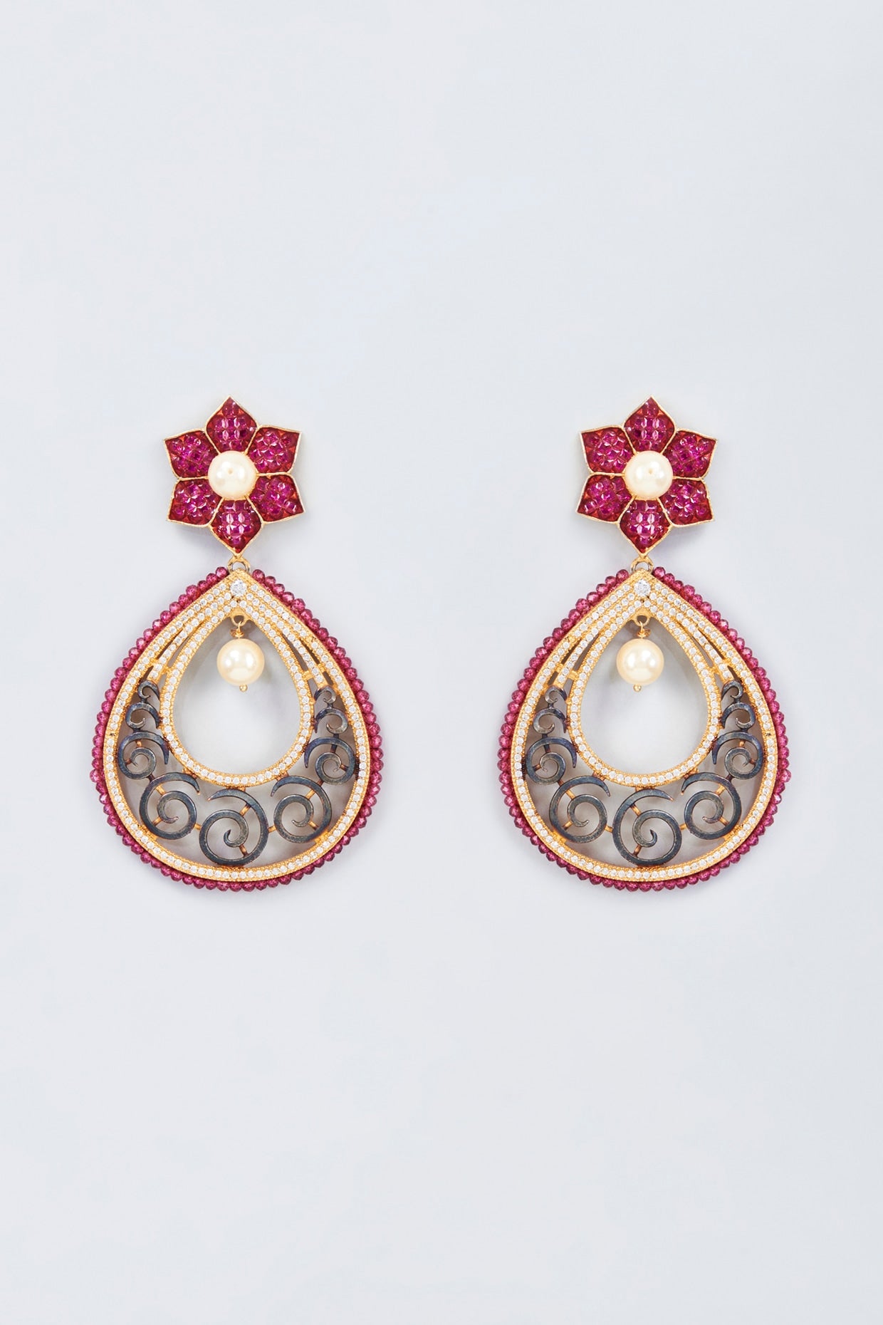 Gold Finish Kundan Polki & Red Stone Dangler Earrings